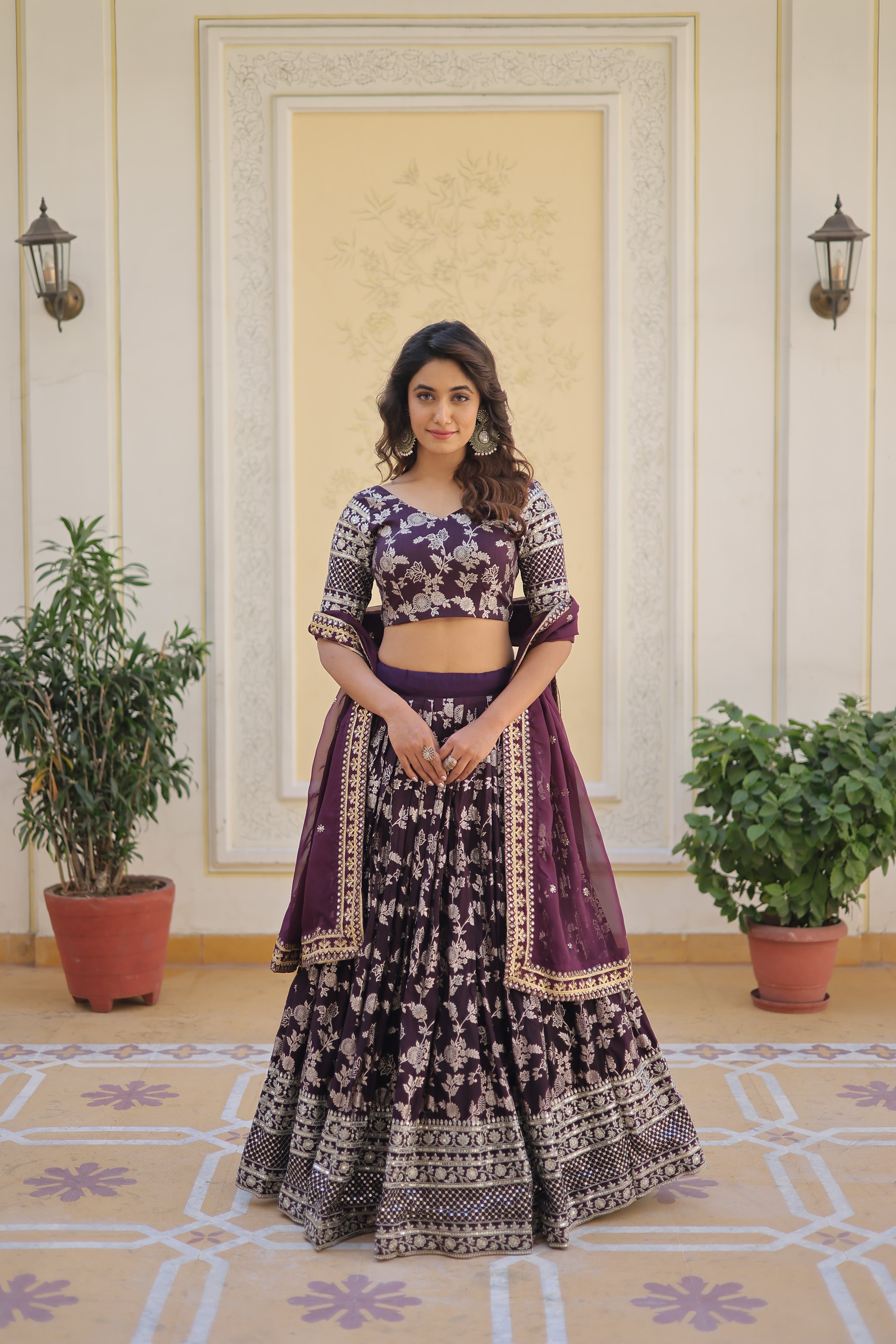 Elegant Dyable Viscose Jacquard Lehenga with Sequins Embroidery – Full-Stitched, Chain Closure