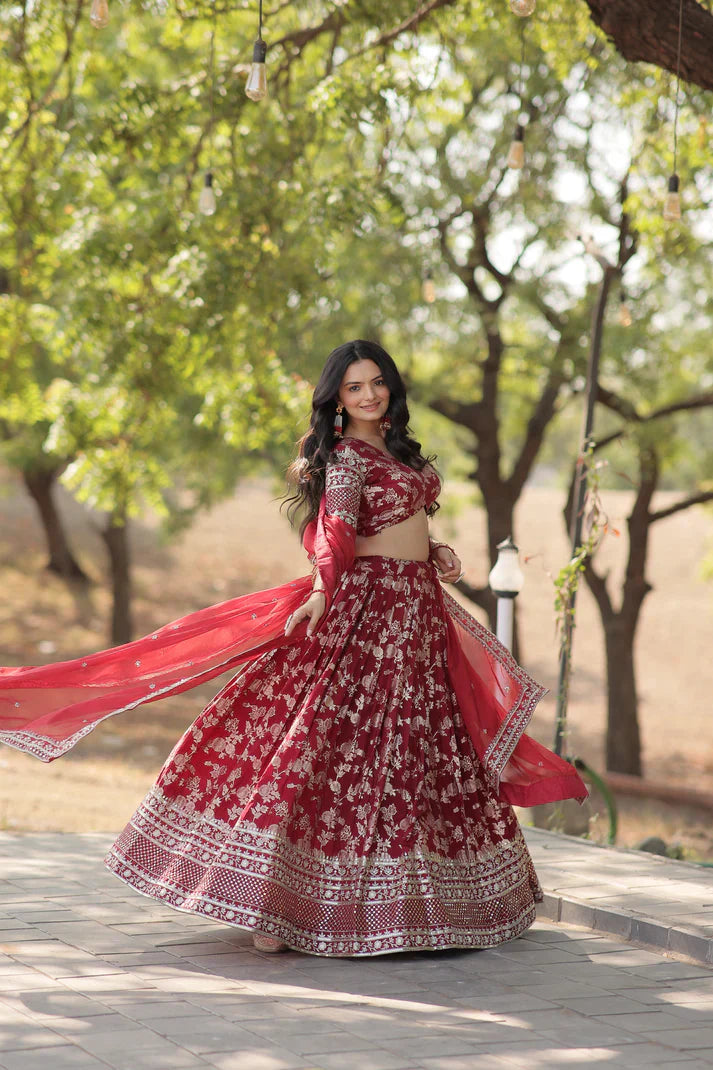 Elegant Full-Stitched Pure Dyable Viscose Jacquard Lehenga with Sequins Embroidery | Unstitched Matching Blouse & Russian Silk Dupatta