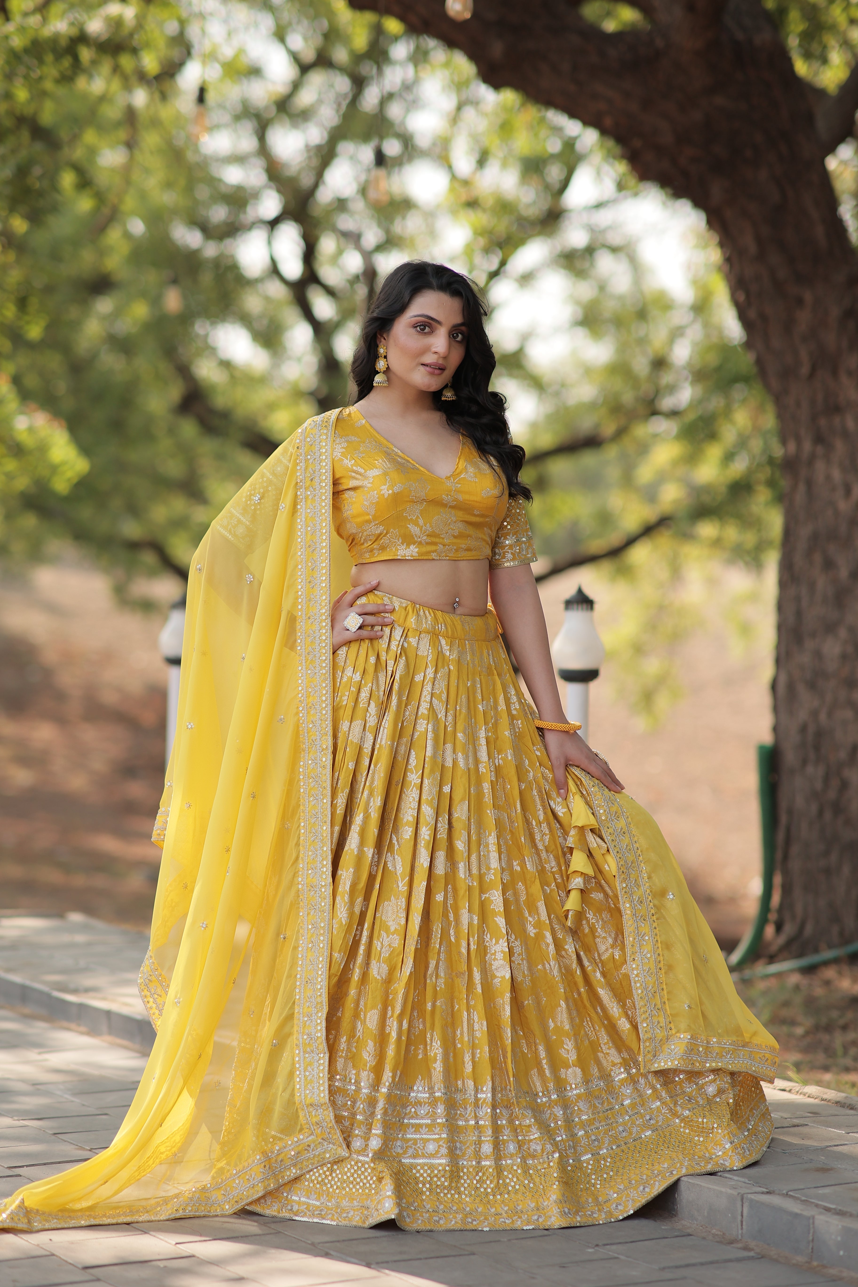 Elegant Dyable Viscose Jacquard Lehenga with Sequins Embroidery – Full-Stitched, Chain Closure