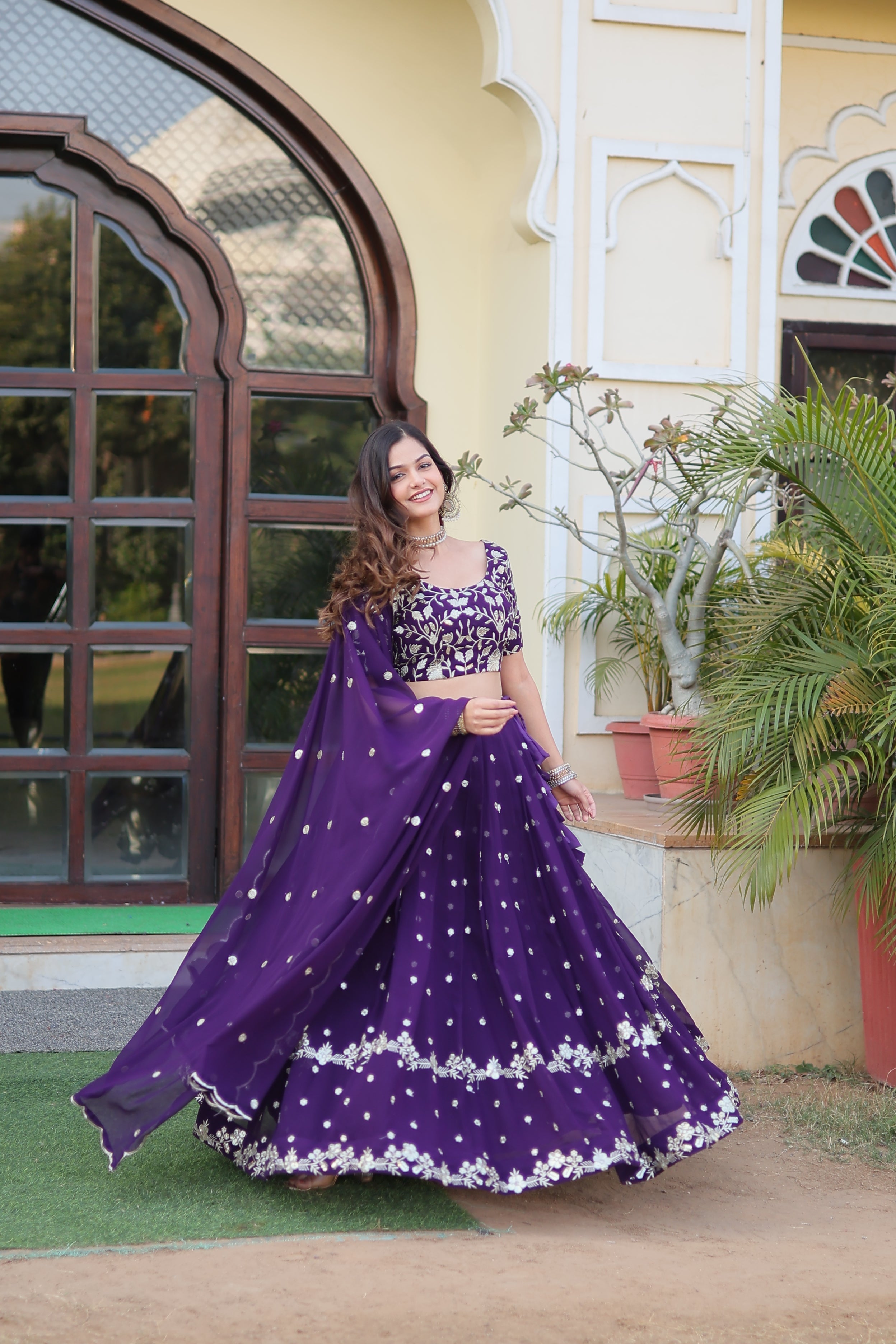 Elegant Faux Blooming Georgette Lehenga with Heavy Sequins Embroidery – 42 Inch Length
