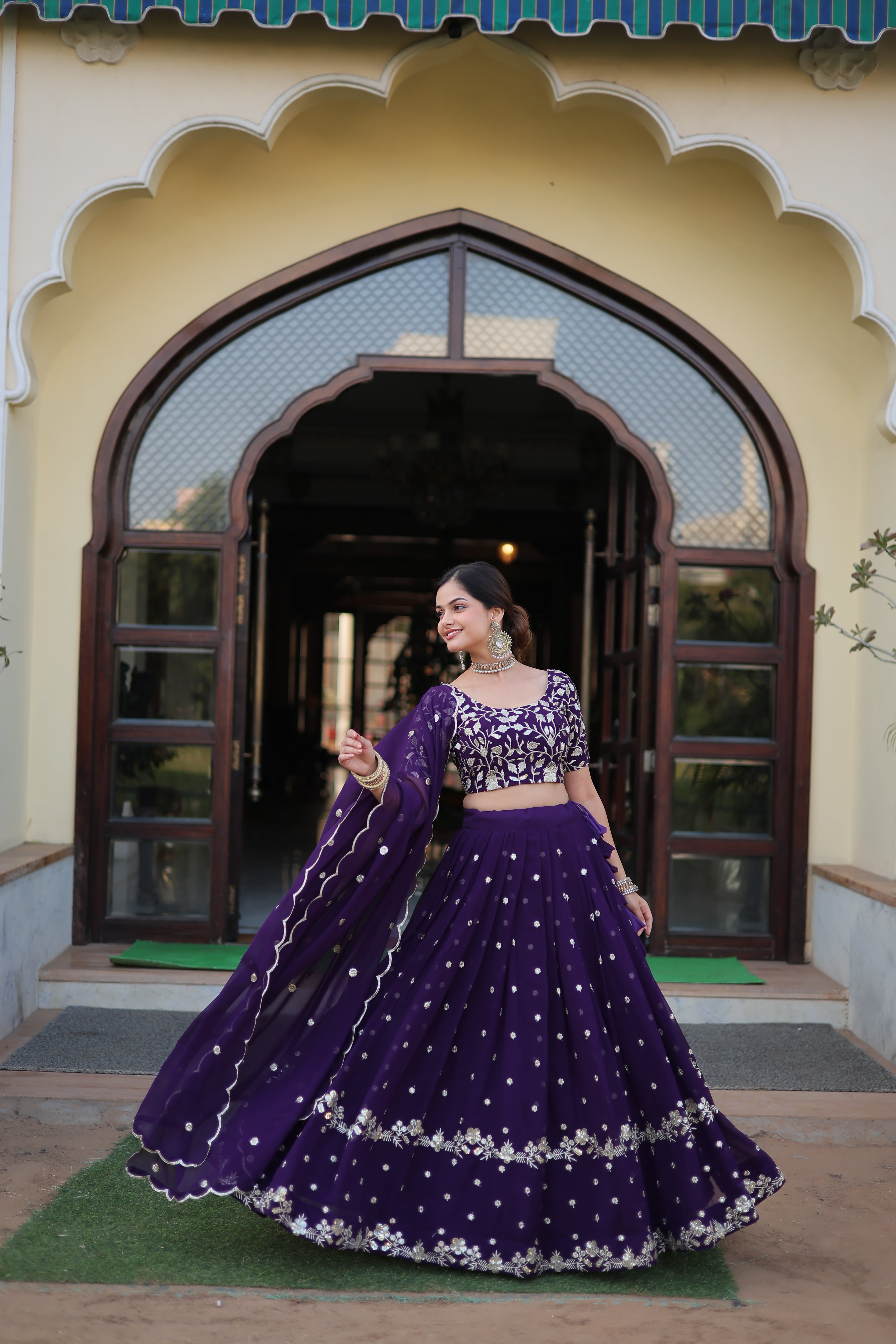 Elegant Faux Blooming Georgette Lehenga with Heavy Sequins Embroidery – 42 Inch Length