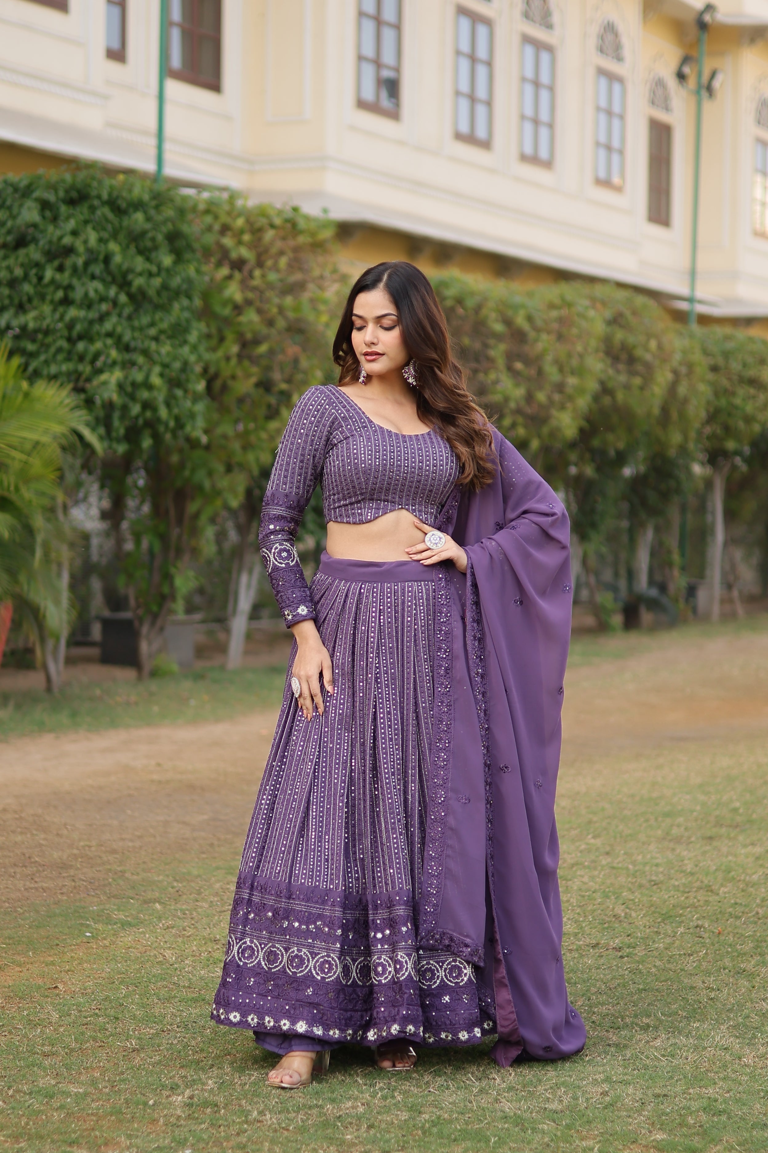 Elegant Faux Georgette Lehenga with Heavy Sequins Embroidery – Full-Stitched with Matching Dupatta