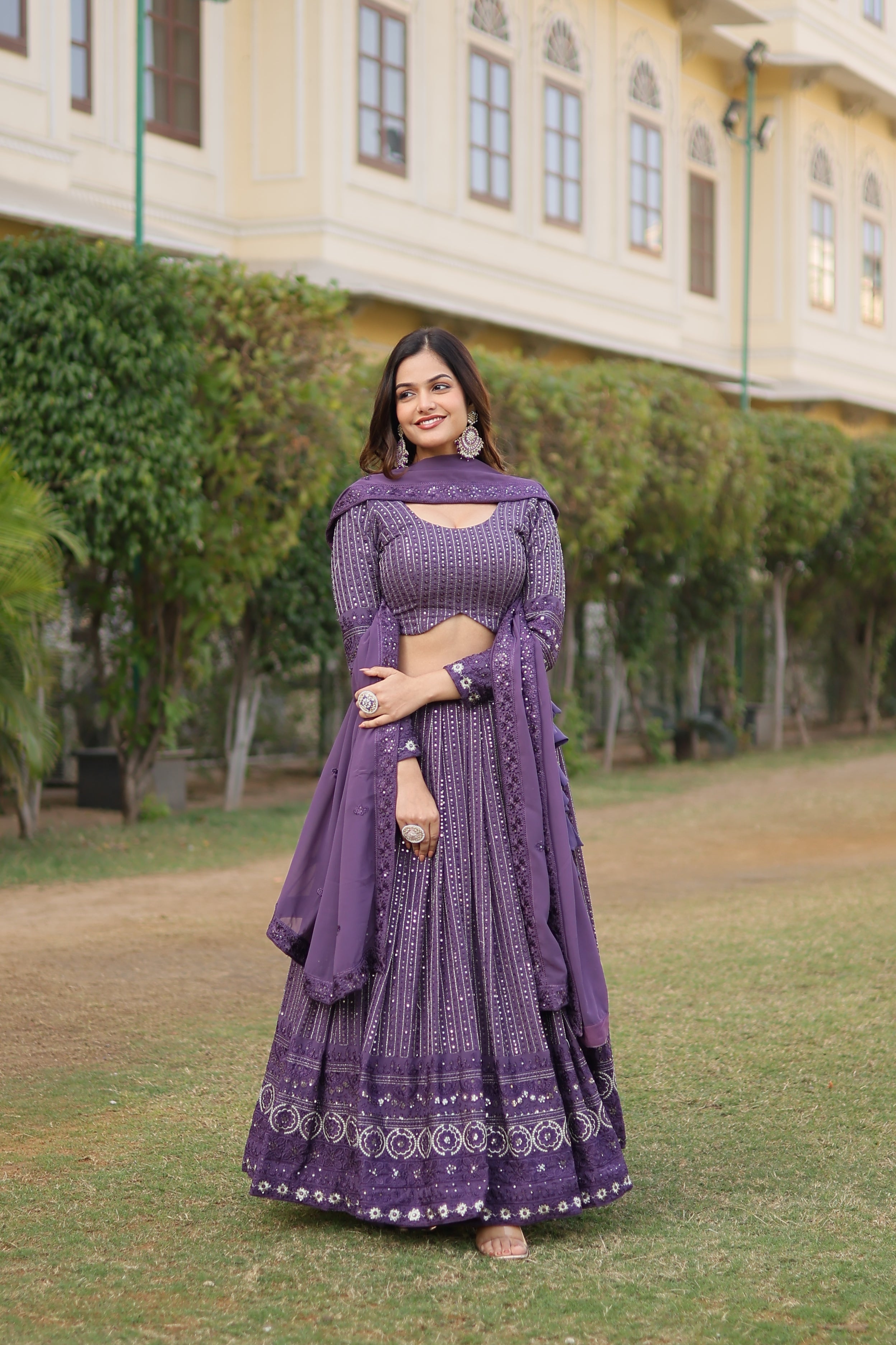 Elegant Faux Georgette Lehenga with Heavy Sequins Embroidery – Full-Stitched with Matching Dupatta
