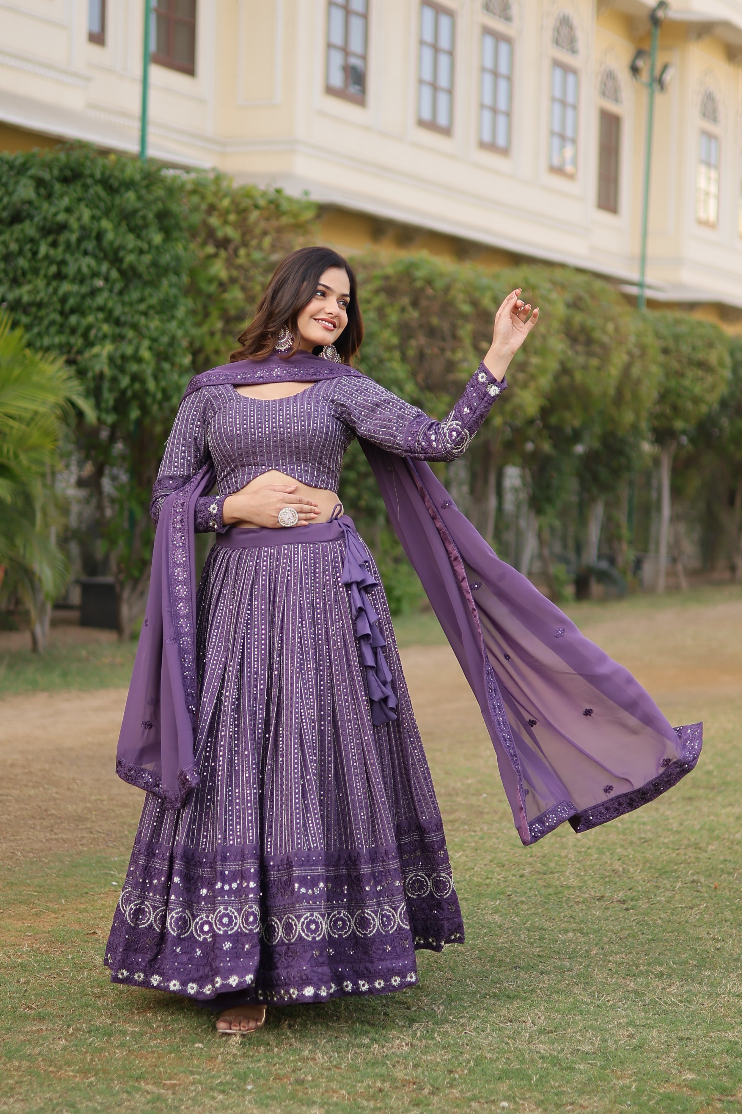 Elegant Faux Georgette Lehenga with Heavy Sequins Embroidery – Full-Stitched with Matching Dupatta