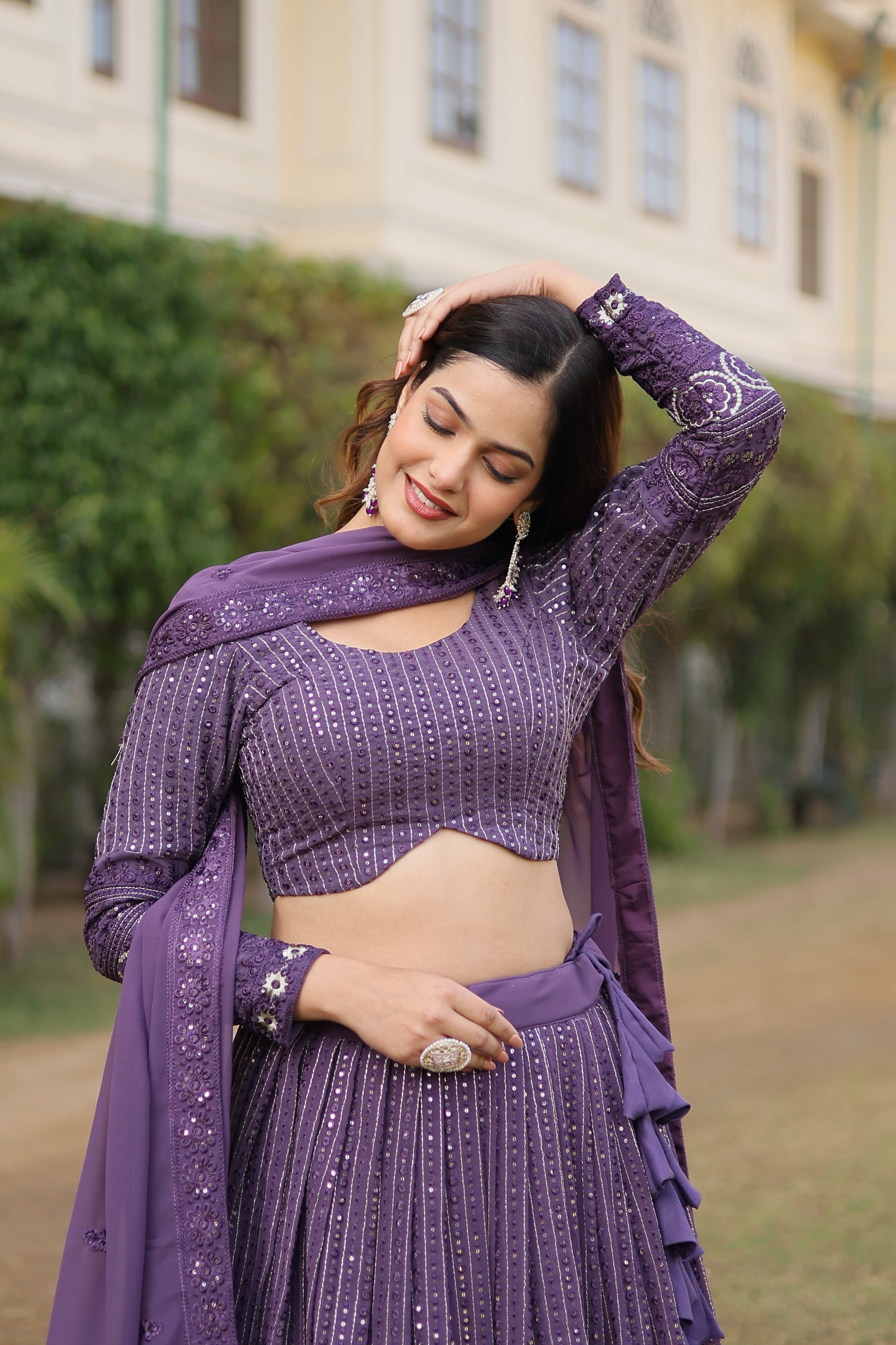 Elegant Faux Georgette Lehenga with Heavy Sequins Embroidery – Full-Stitched with Matching Dupatta