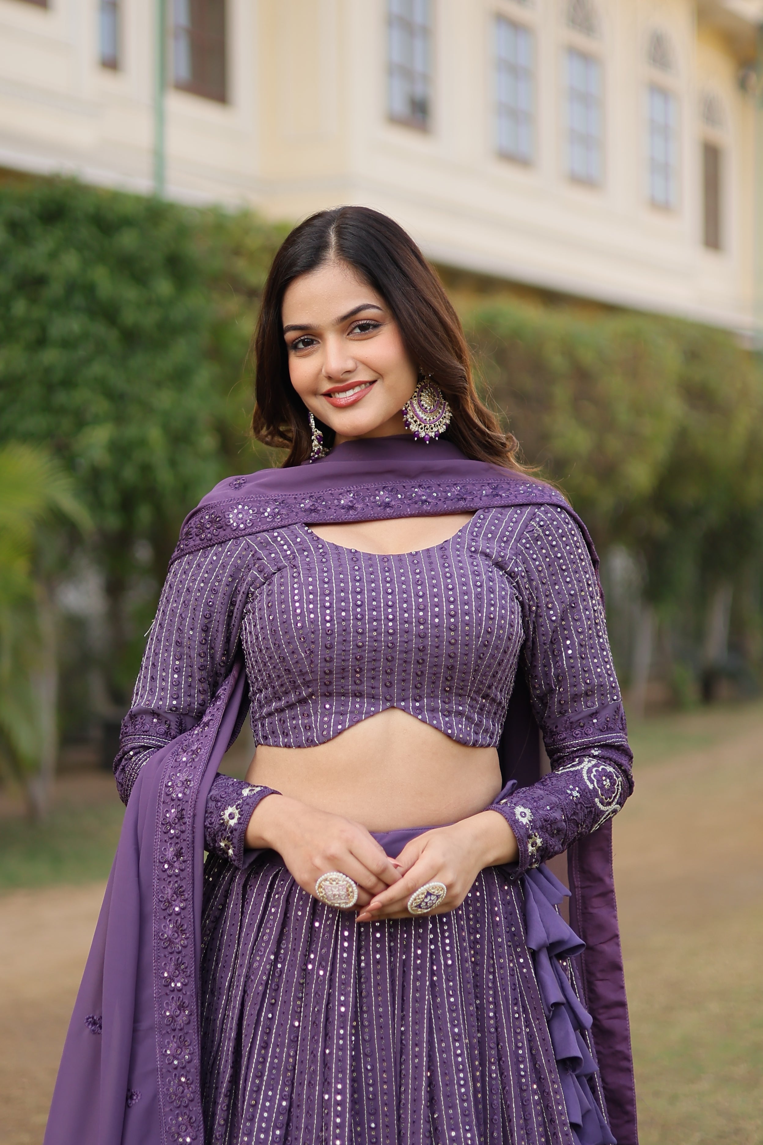 Elegant Faux Georgette Lehenga with Heavy Sequins Embroidery – Full-Stitched with Matching Dupatta