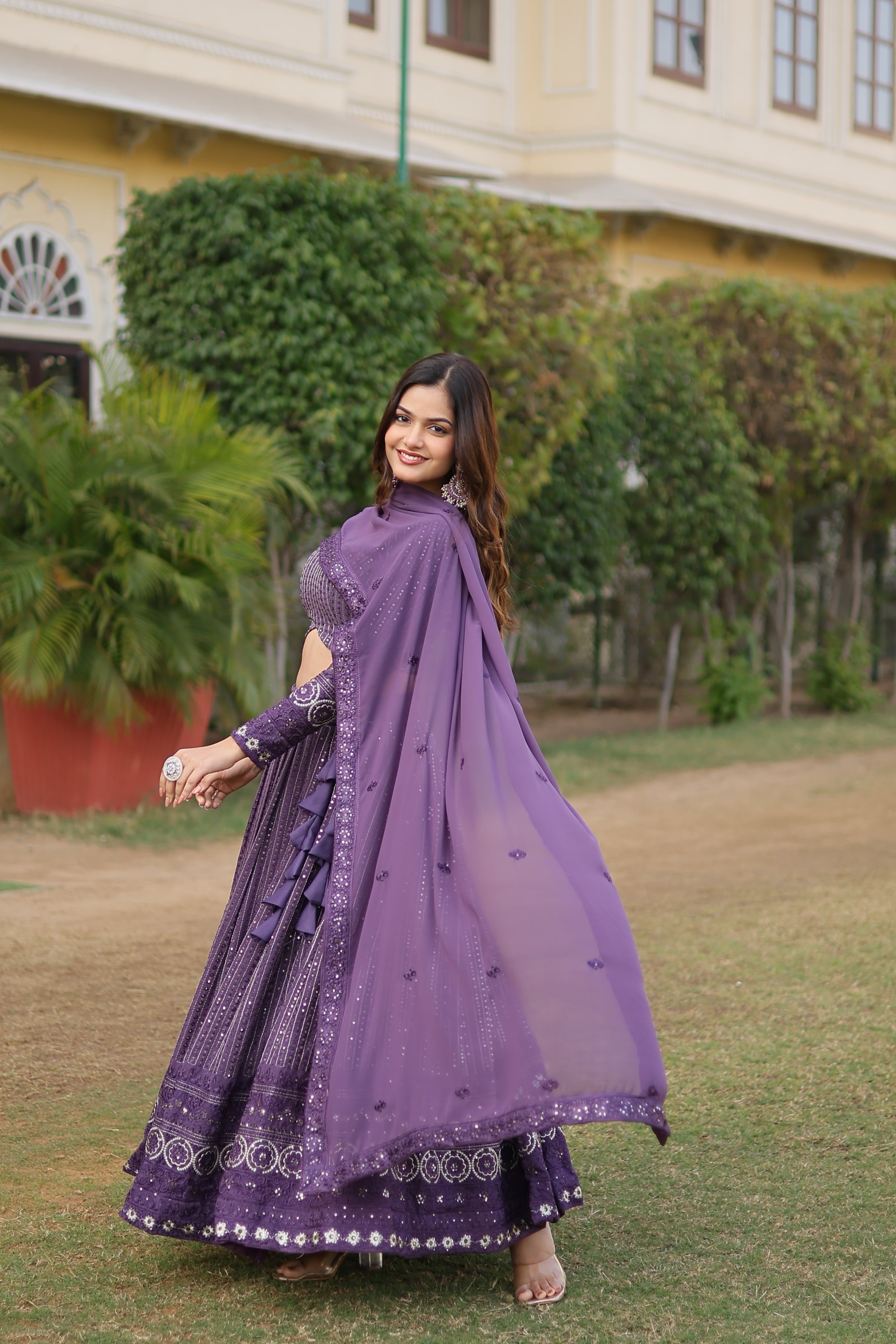 Elegant Faux Georgette Lehenga with Heavy Sequins Embroidery – Full-Stitched with Matching Dupatta