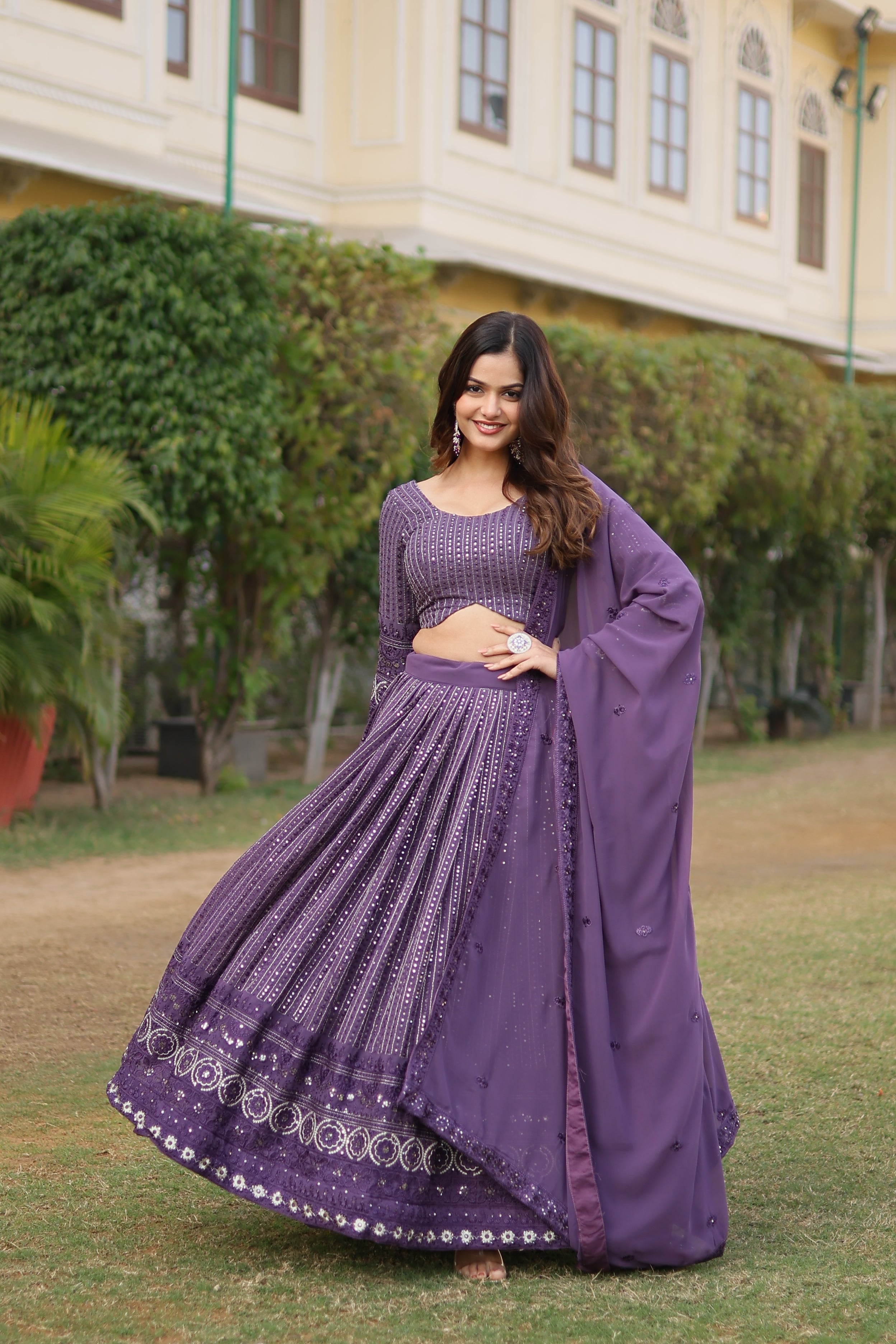 Elegant Faux Georgette Lehenga with Heavy Sequins Embroidery – Full-Stitched with Matching Dupatta
