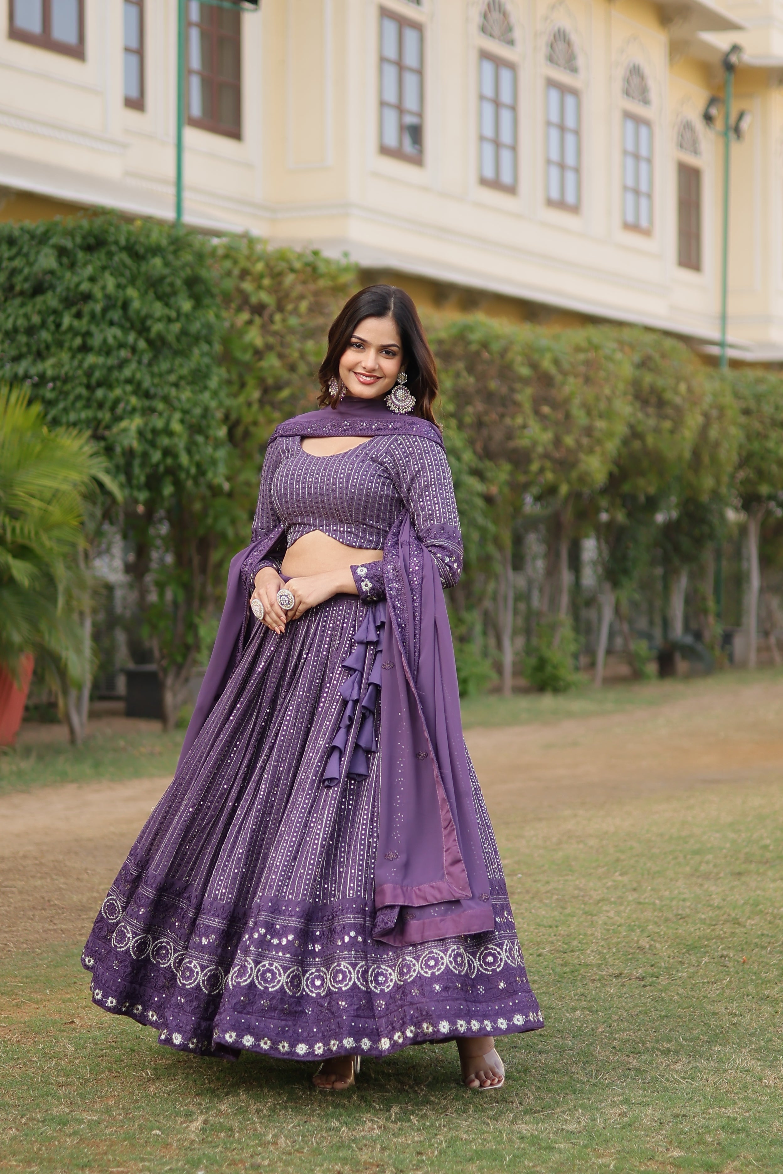Elegant Faux Georgette Lehenga with Heavy Sequins Embroidery – Full-Stitched with Matching Dupatta