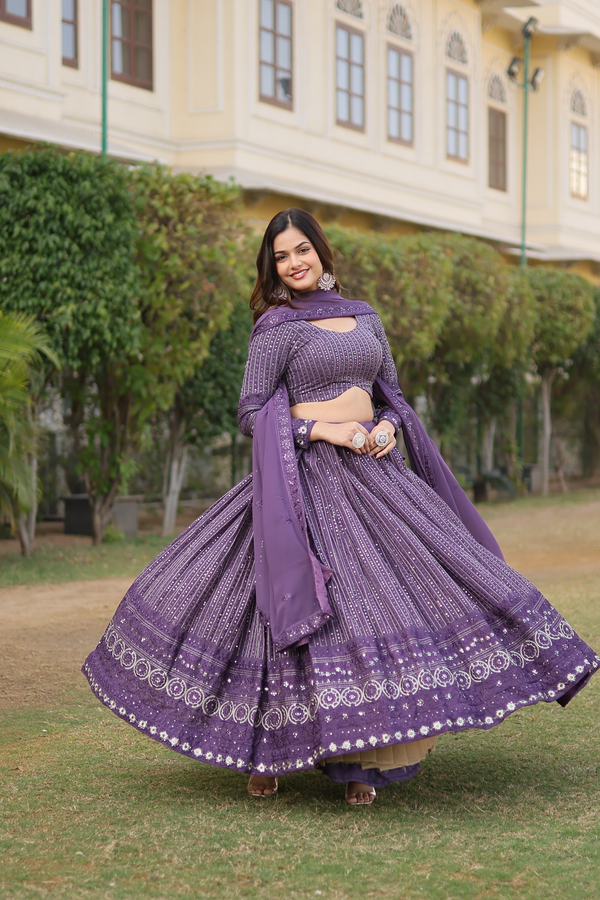 Elegant Faux Georgette Lehenga with Heavy Sequins Embroidery – Full-Stitched with Matching Dupatta