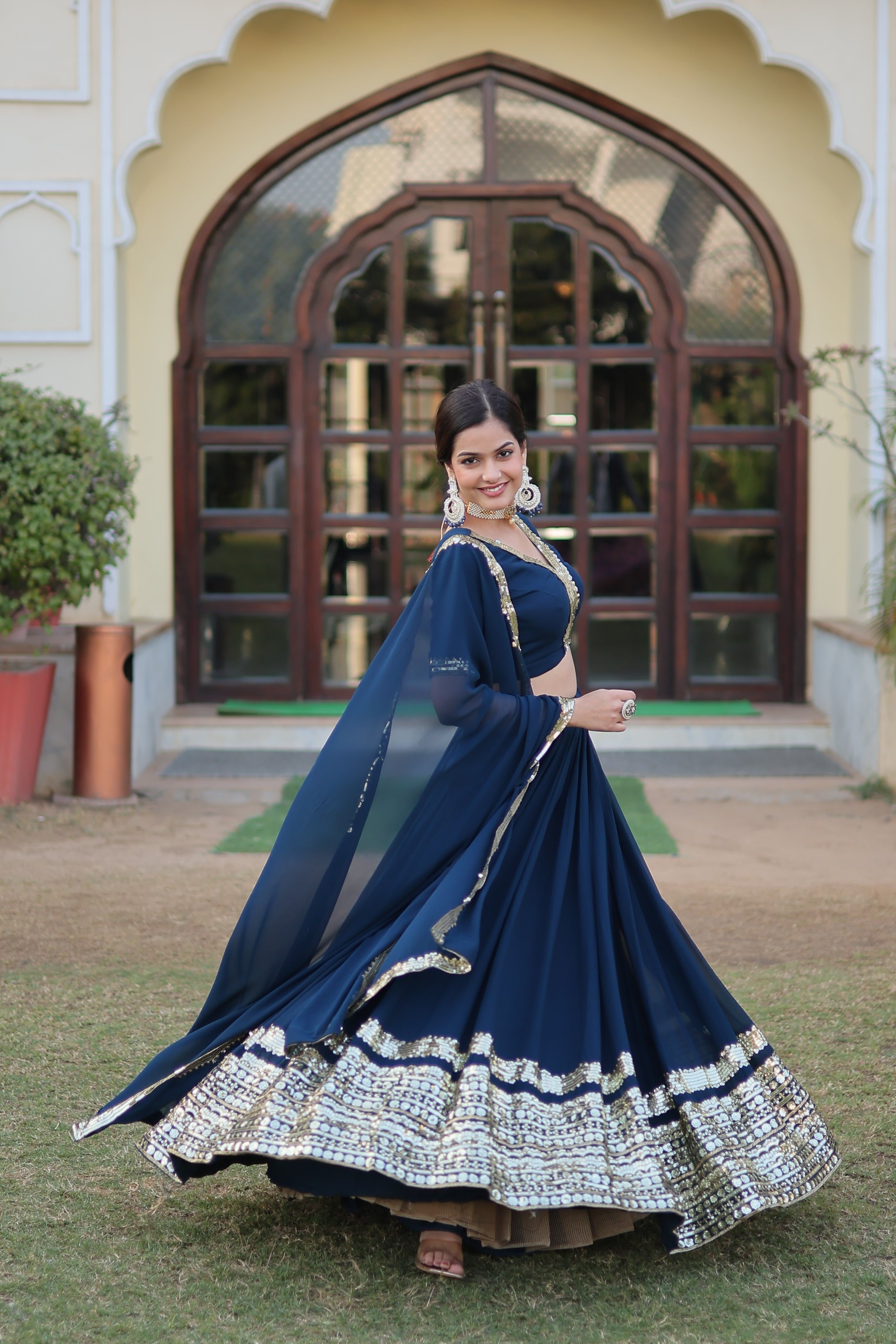 Faux Georgette Lehenga with Sequins Embroidered Work & Lace Border