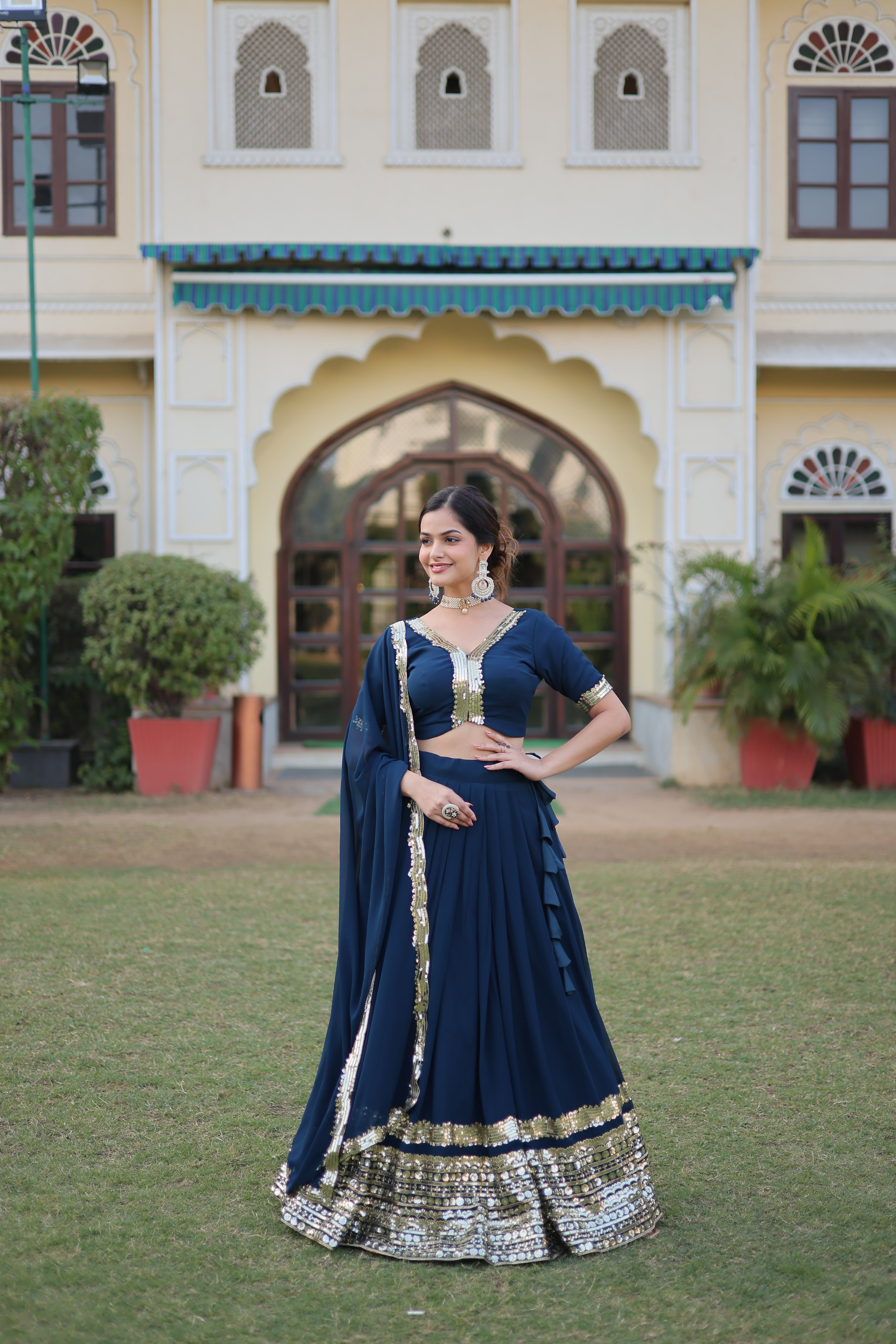 Faux Georgette Lehenga with Sequins Embroidered Work & Lace Border