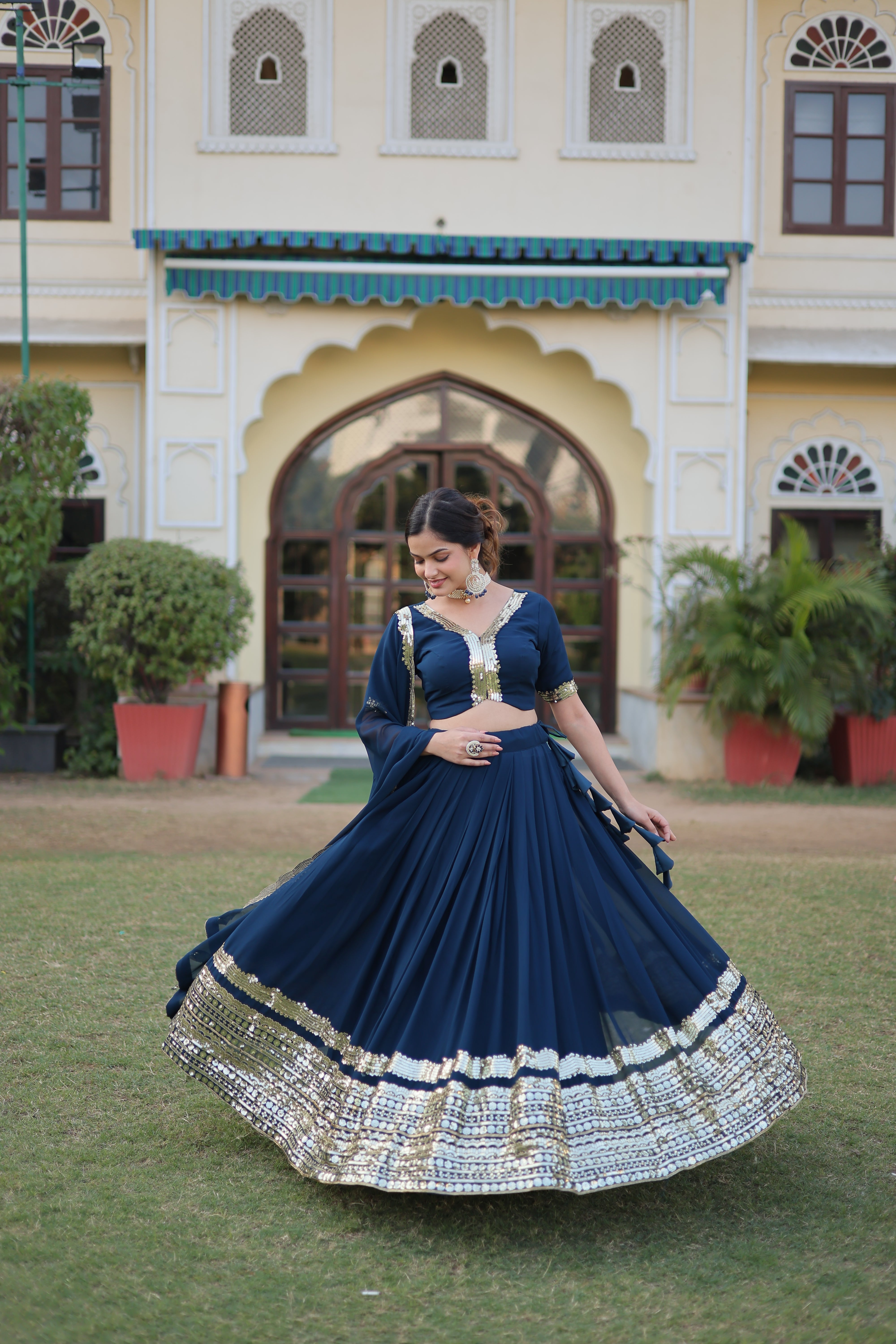 Faux Georgette Lehenga with Sequins Embroidered Work & Lace Border