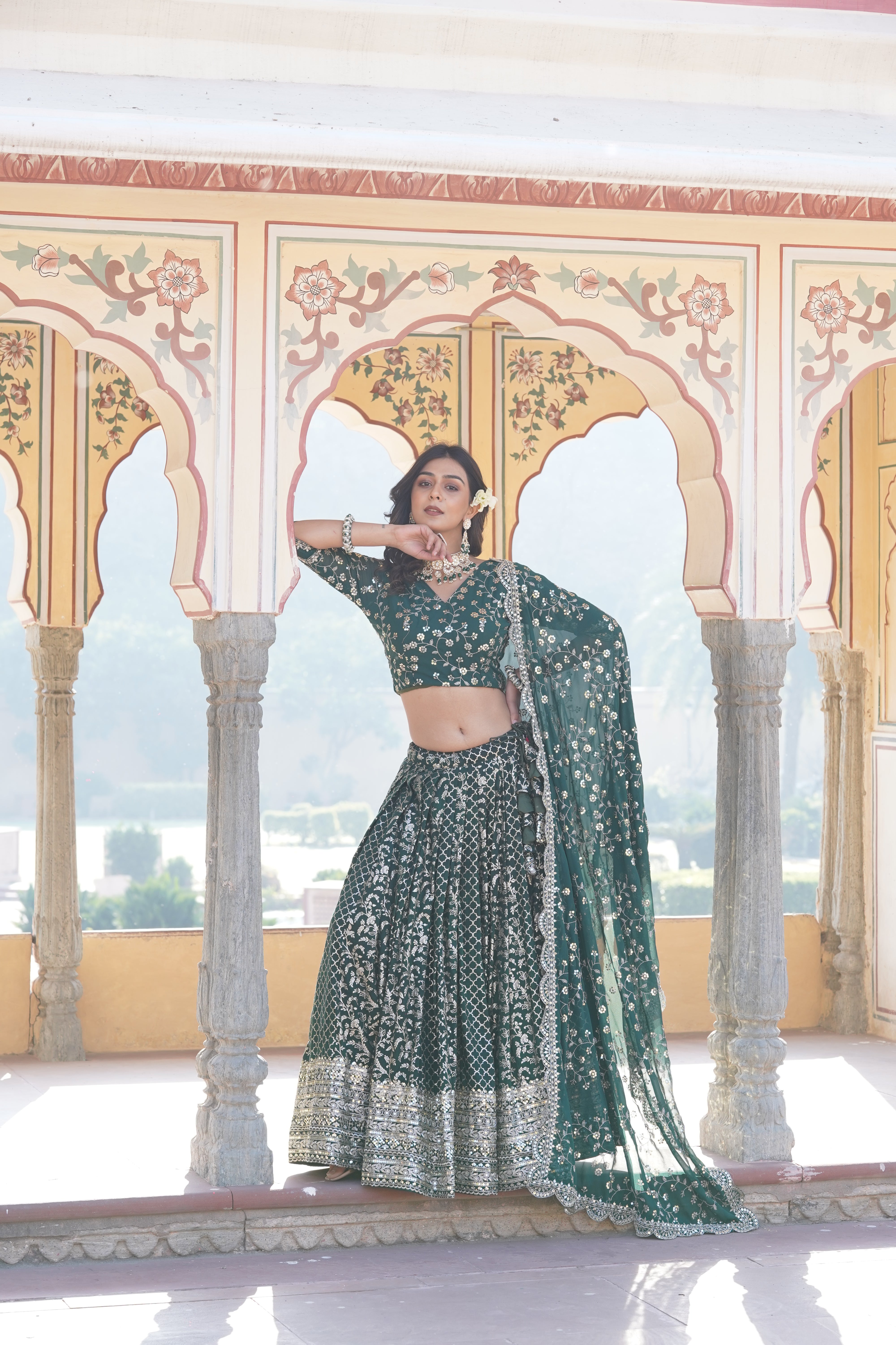 Elegant Full-Stitched Viscose Jacquard Lehenga with Sequins Embroidery | Stitched Lehenga Set