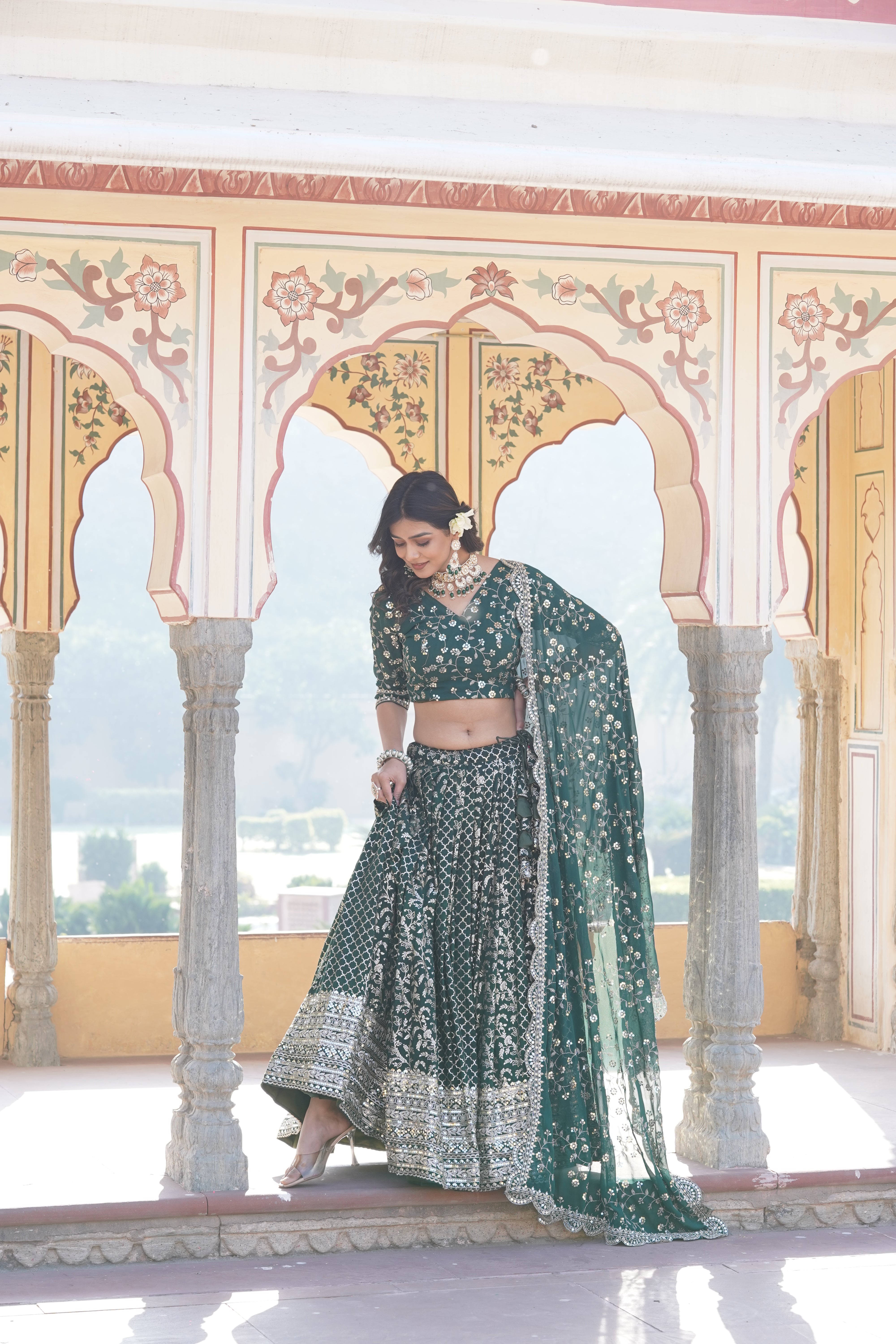 Elegant Full-Stitched Viscose Jacquard Lehenga with Sequins Embroidery | Stitched Lehenga Set