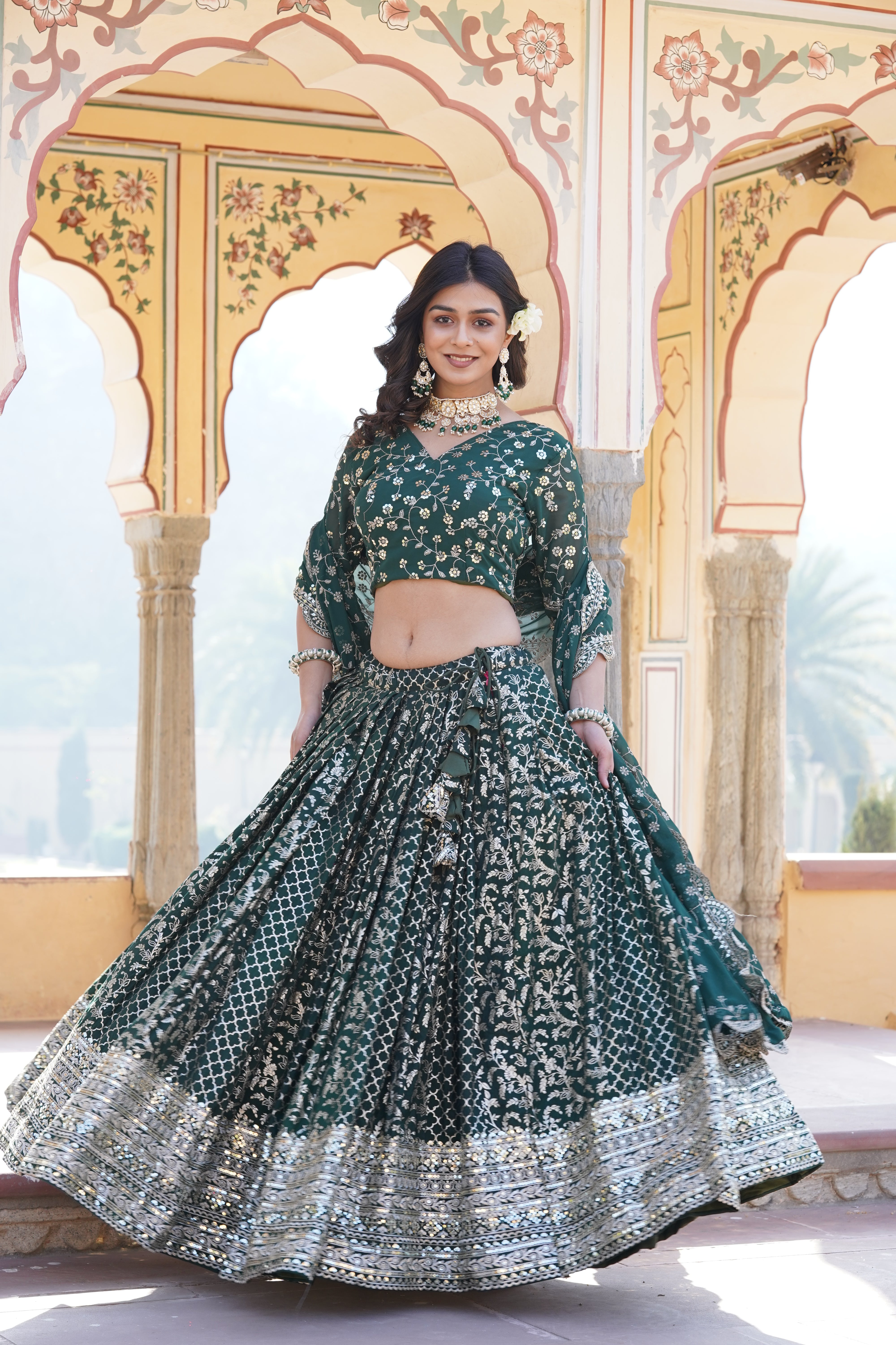 Elegant Full-Stitched Viscose Jacquard Lehenga with Sequins Embroidery | Stitched Lehenga Set