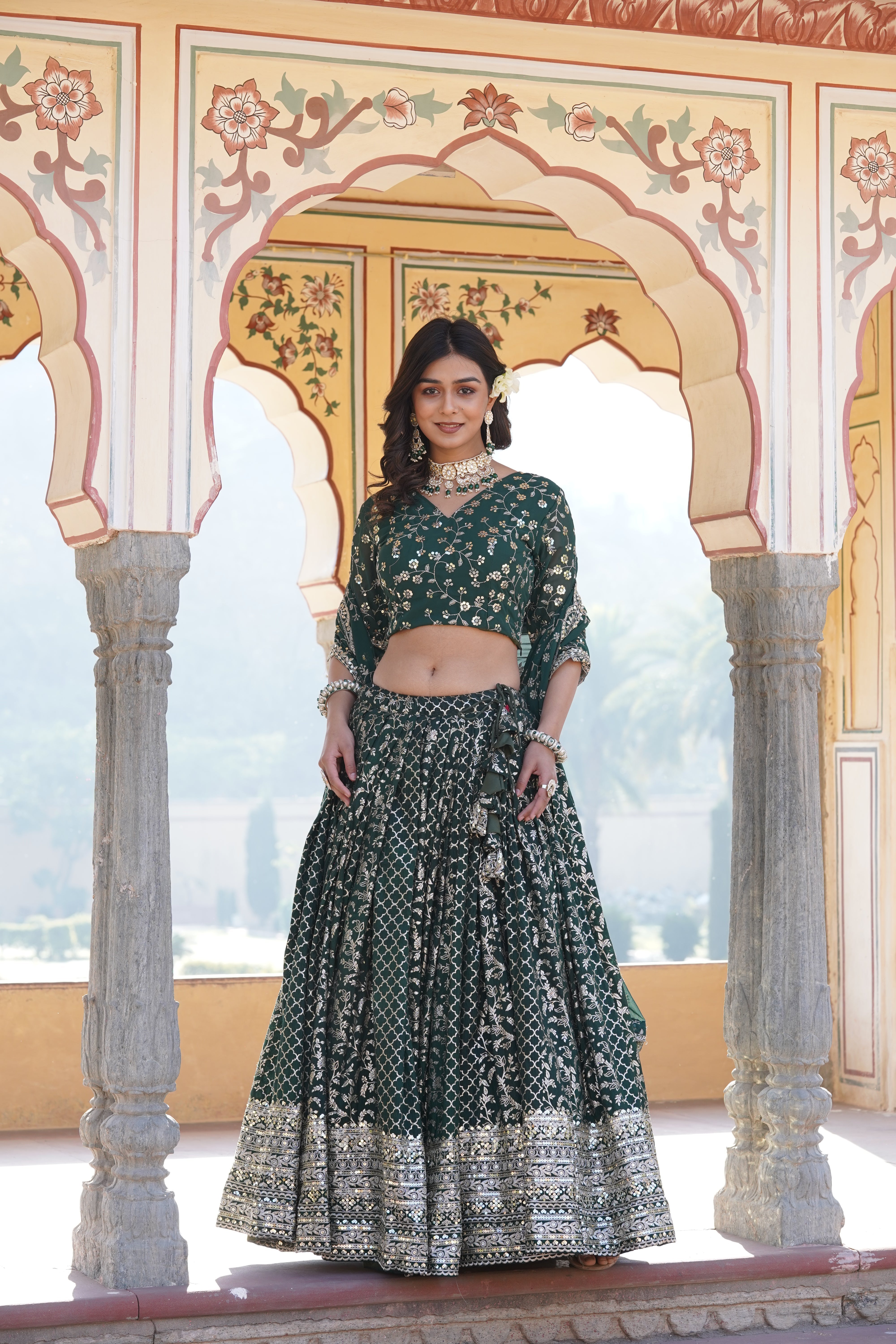 Elegant Full-Stitched Viscose Jacquard Lehenga with Sequins Embroidery | Stitched Lehenga Set