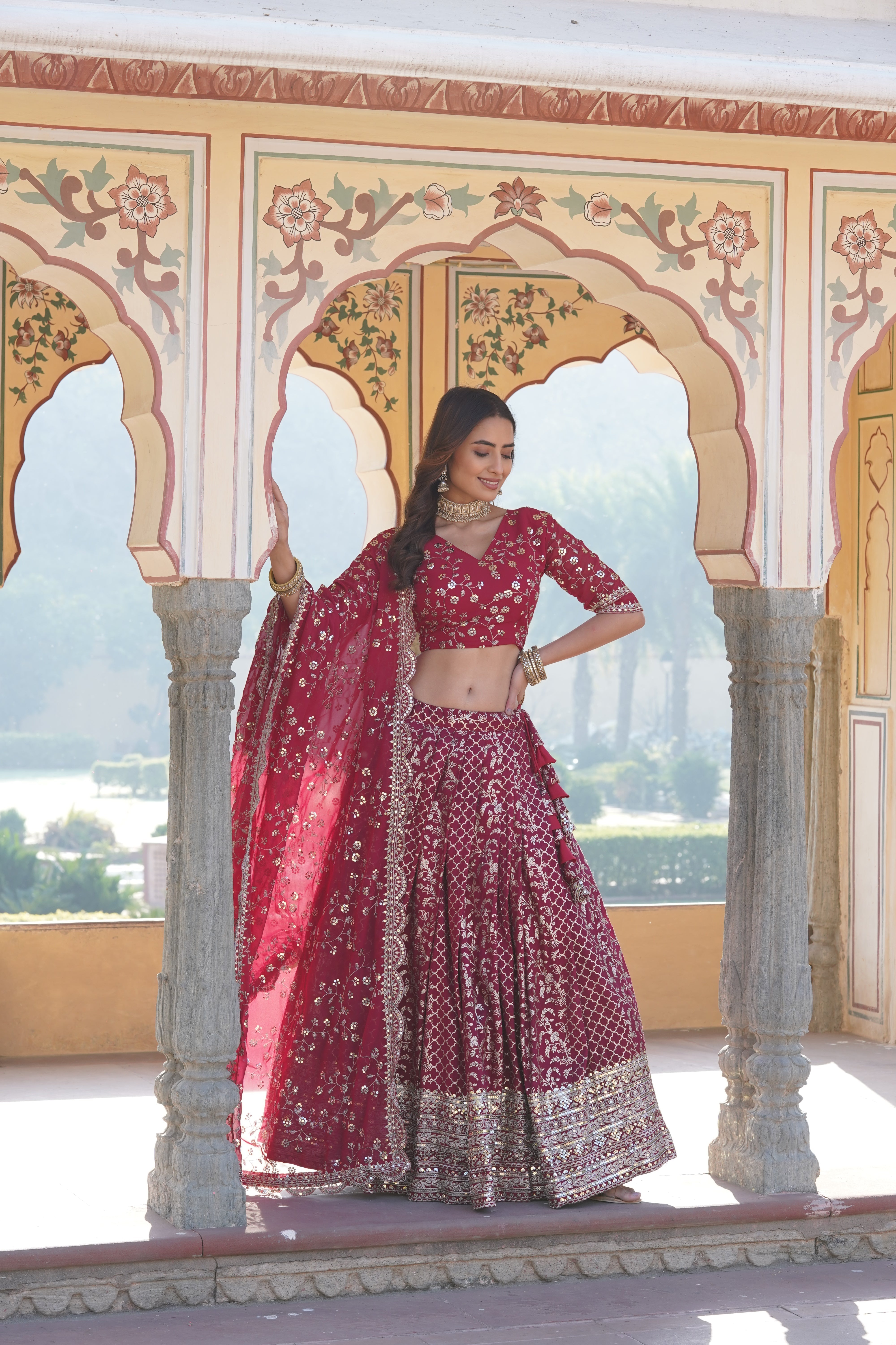 Elegant Full-Stitched Viscose Jacquard Lehenga with Sequins Embroidery | Stitched Lehenga Set