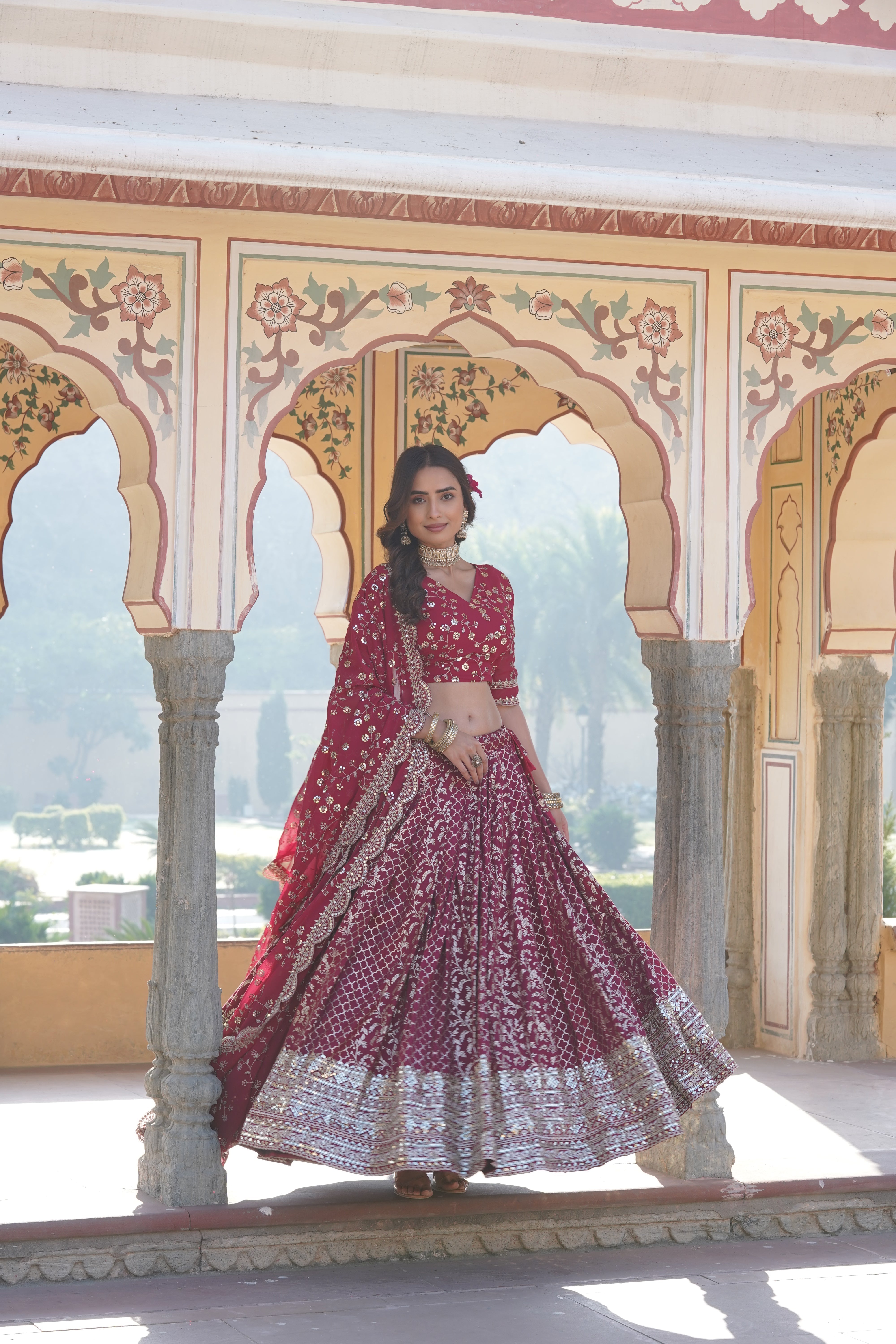 Elegant Full-Stitched Viscose Jacquard Lehenga with Sequins Embroidery | Stitched Lehenga Set