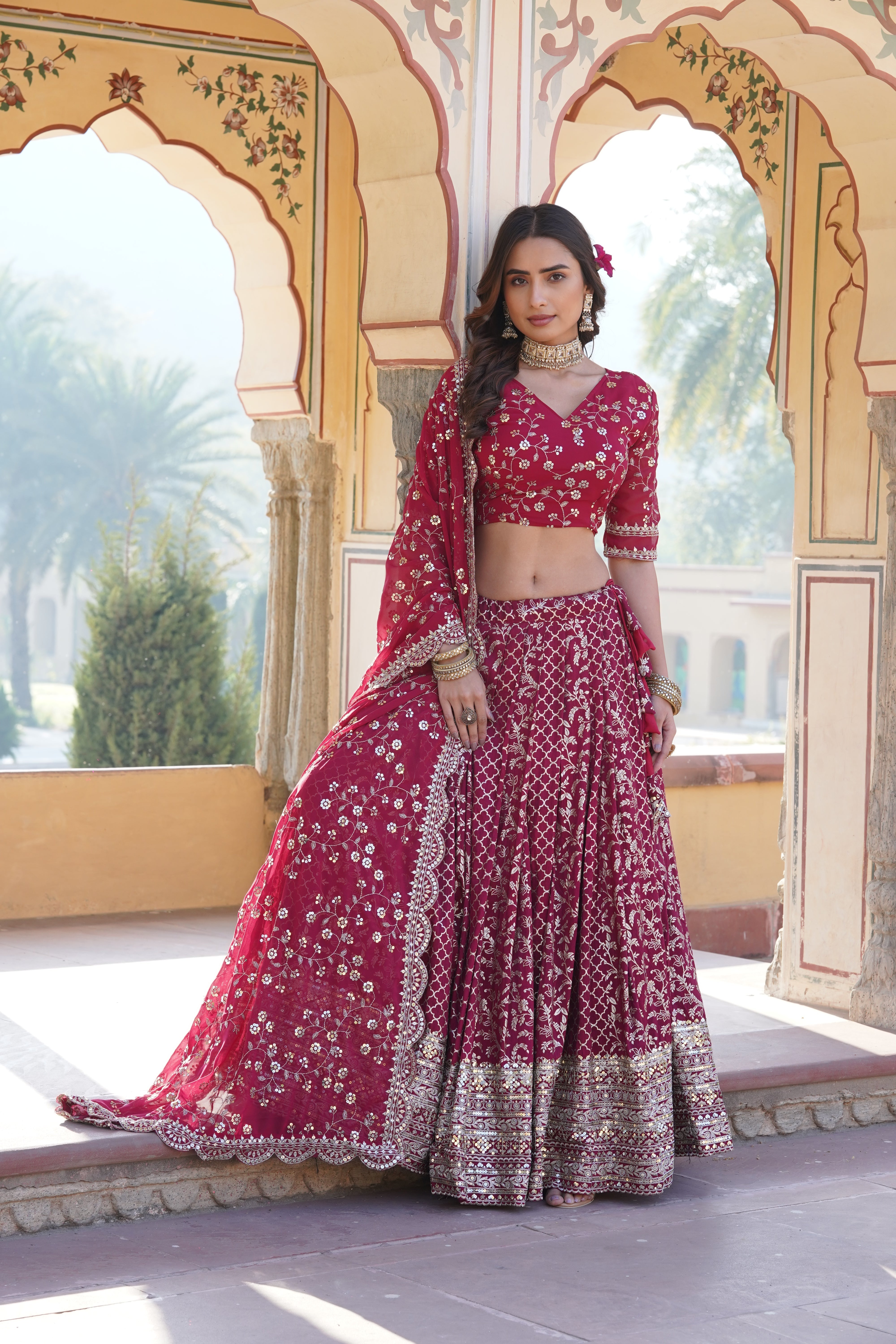 Elegant Full-Stitched Viscose Jacquard Lehenga with Sequins Embroidery | Stitched Lehenga Set