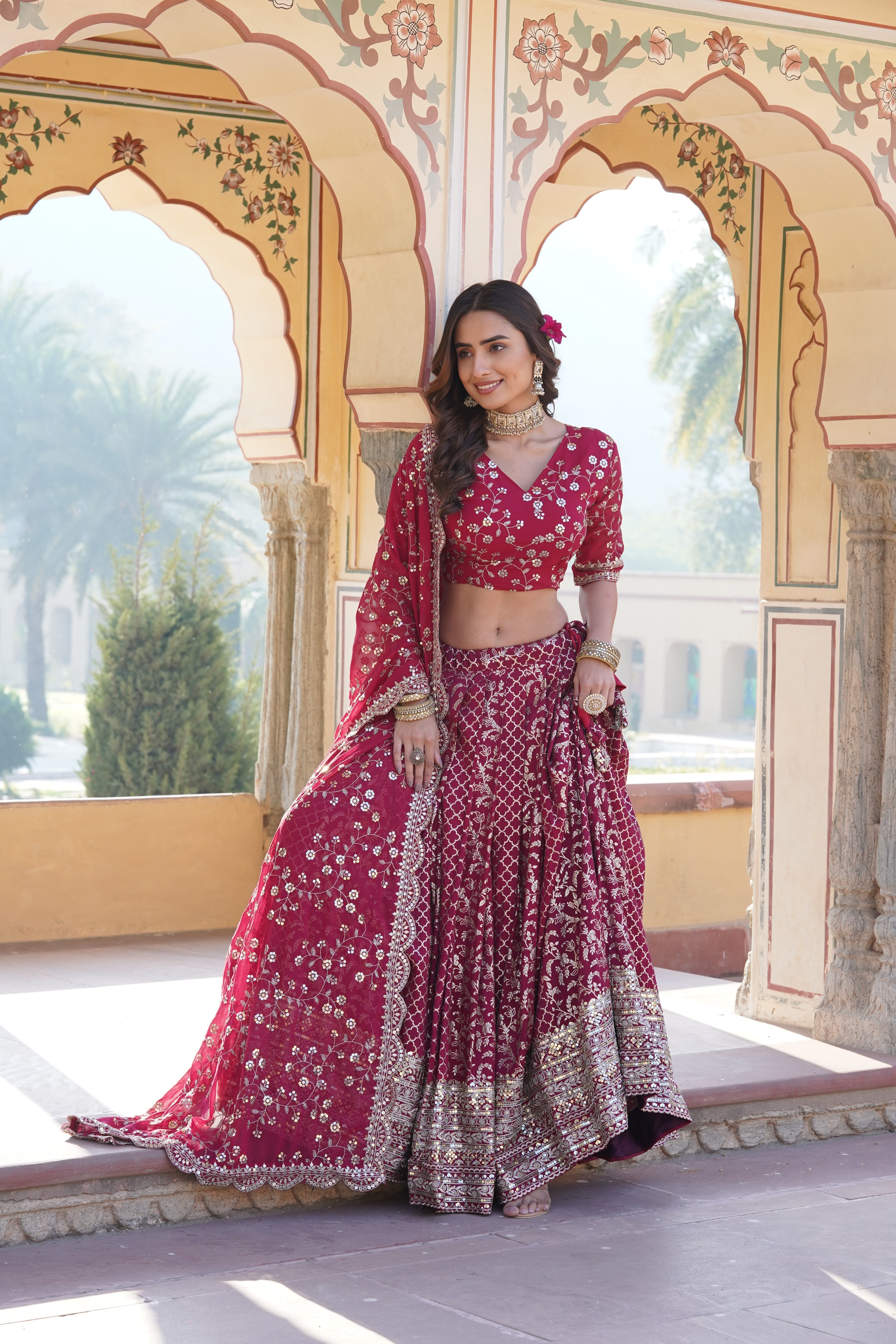 Elegant Full-Stitched Viscose Jacquard Lehenga with Sequins Embroidery | Stitched Lehenga Set