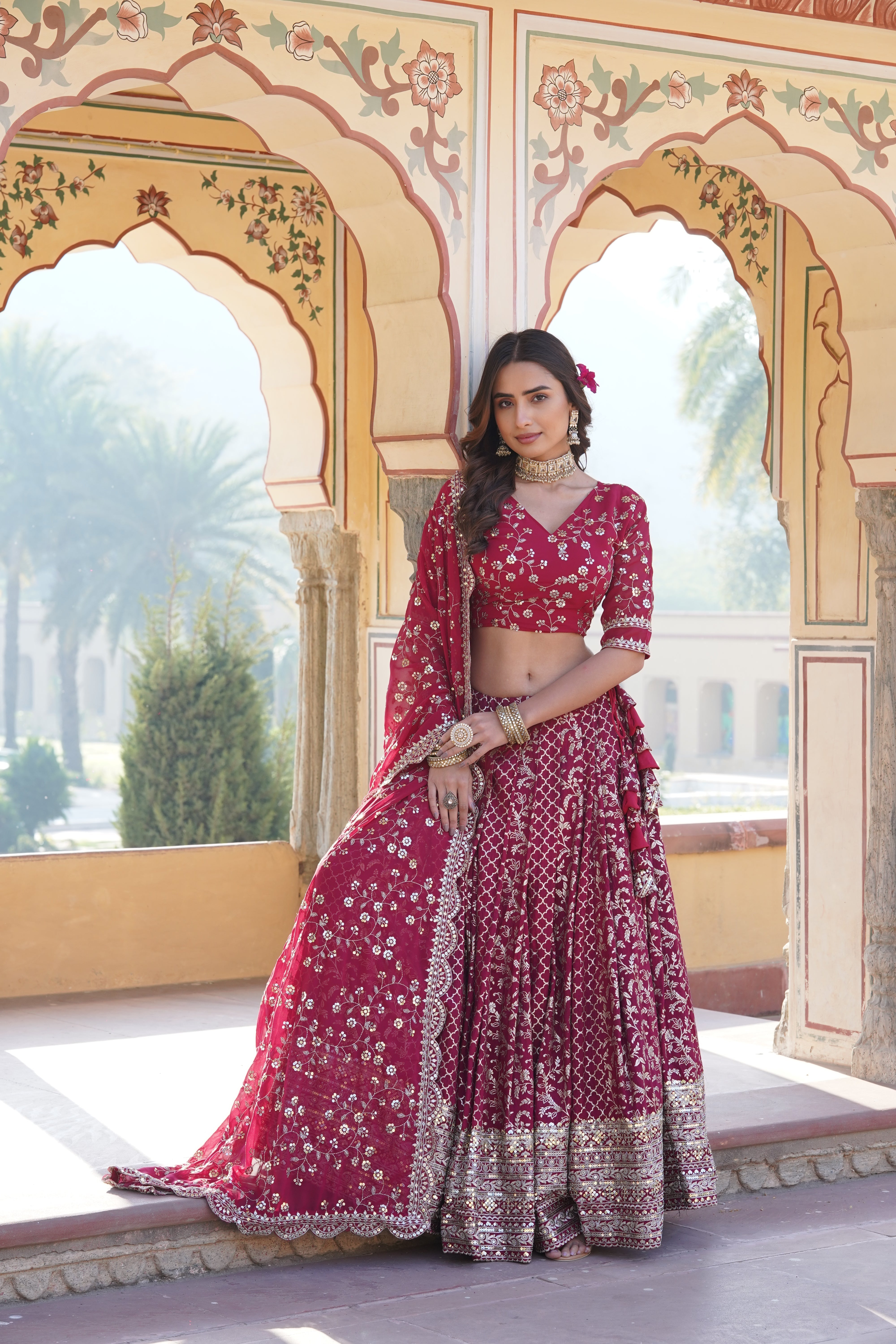 Elegant Full-Stitched Viscose Jacquard Lehenga with Sequins Embroidery | Stitched Lehenga Set