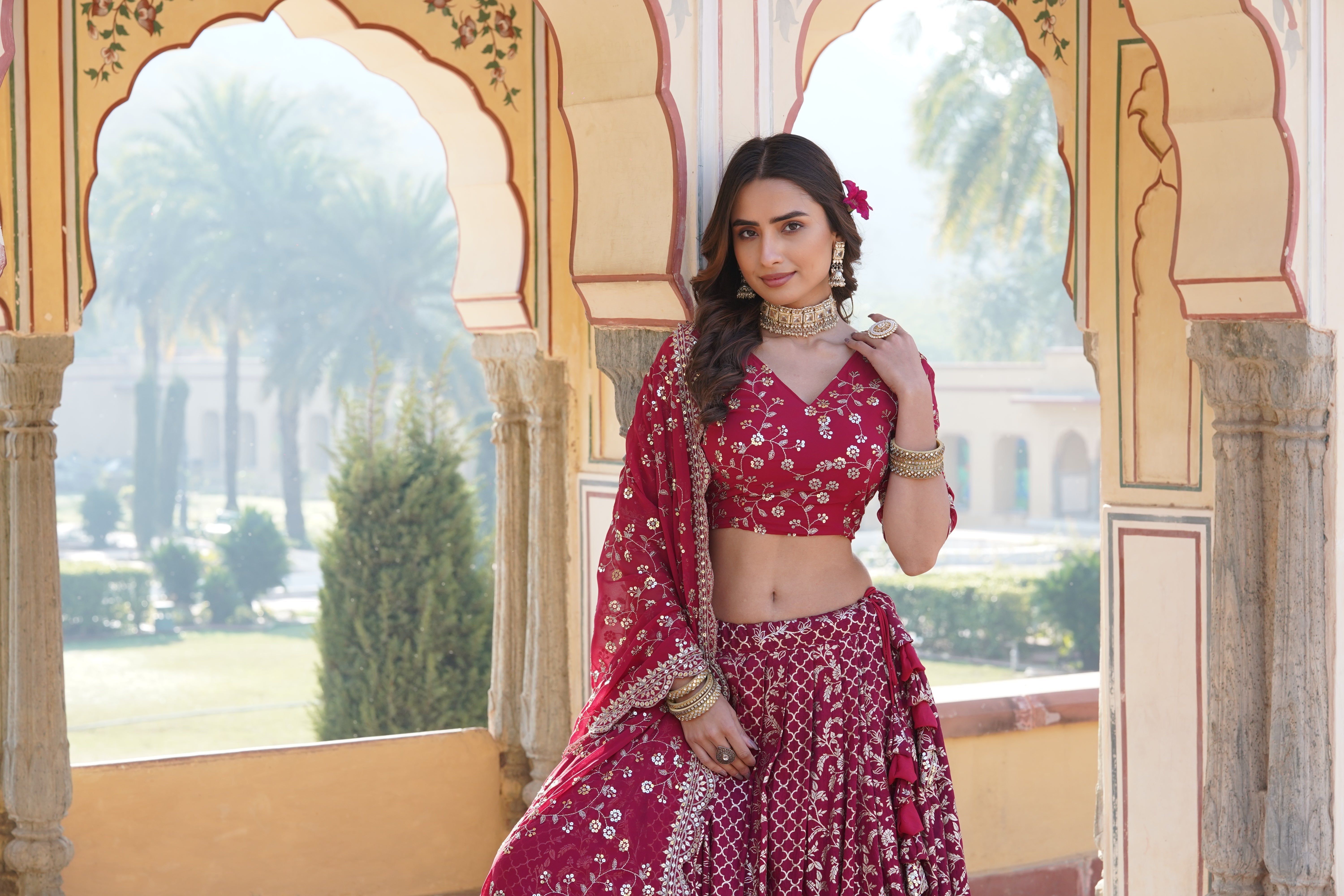Elegant Full-Stitched Viscose Jacquard Lehenga with Sequins Embroidery | Stitched Lehenga Set