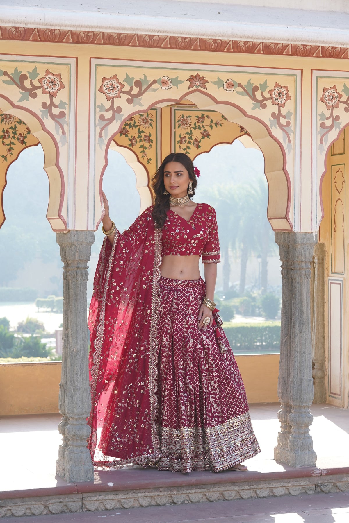 Elegant Full-Stitched Viscose Jacquard Lehenga with Sequins Embroidery | Stitched Lehenga Set