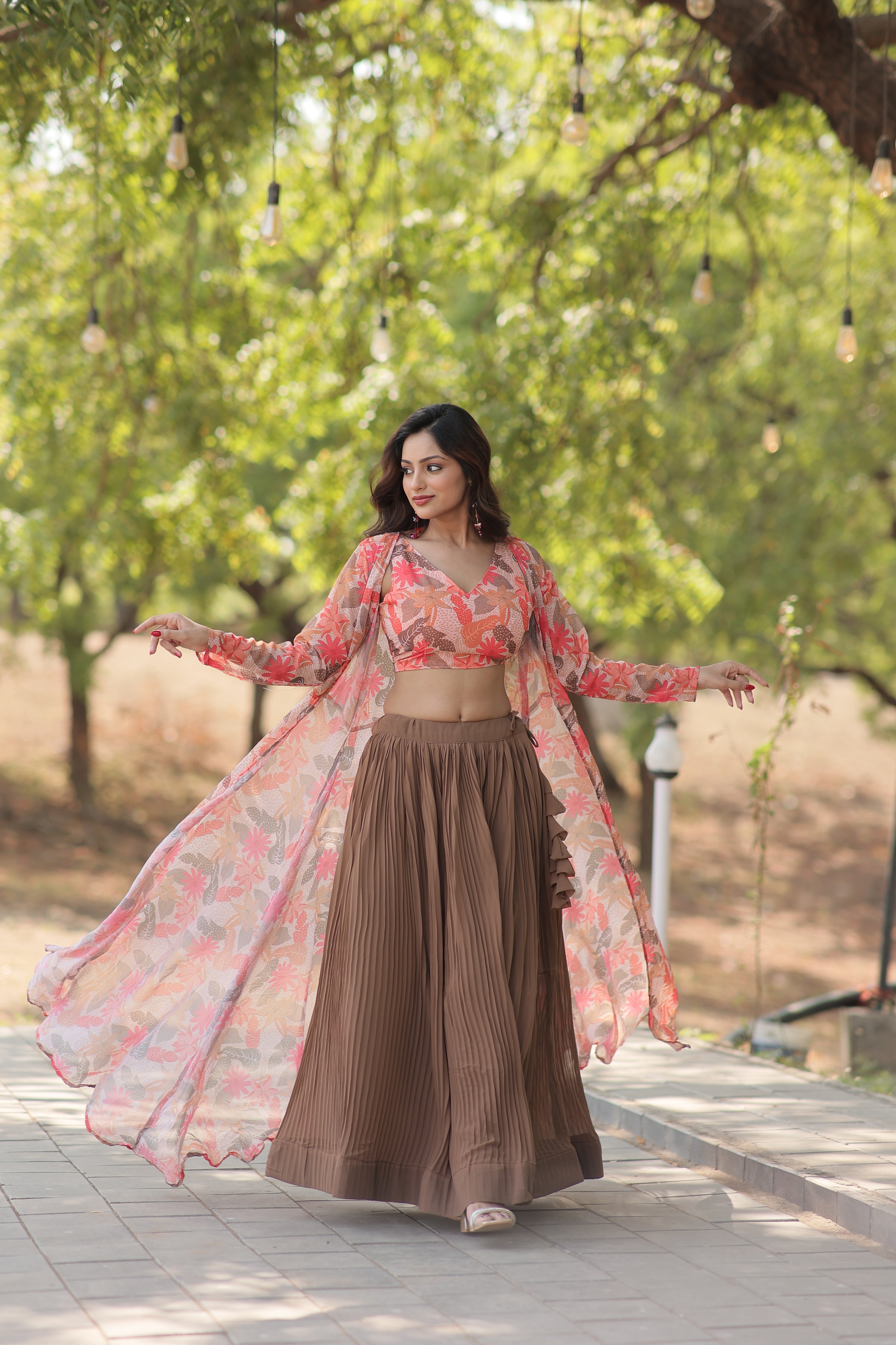 Elegant Faux Georgette Lehenga Set with Digital Floral Print & Matching Shrug | Full-Stitched Ensemble