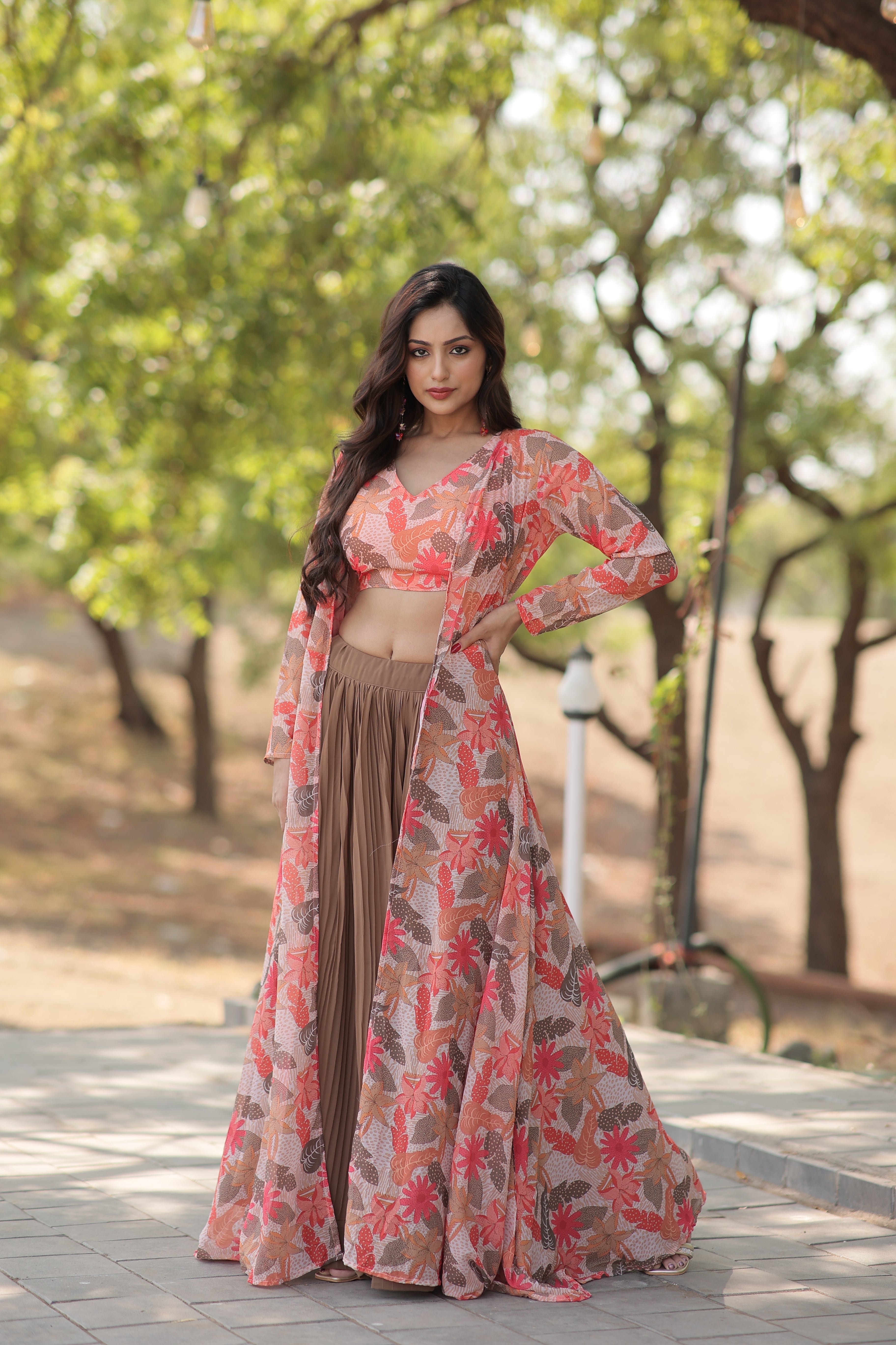 Elegant Faux Georgette Lehenga Set with Digital Floral Print & Matching Shrug | Full-Stitched Ensemble