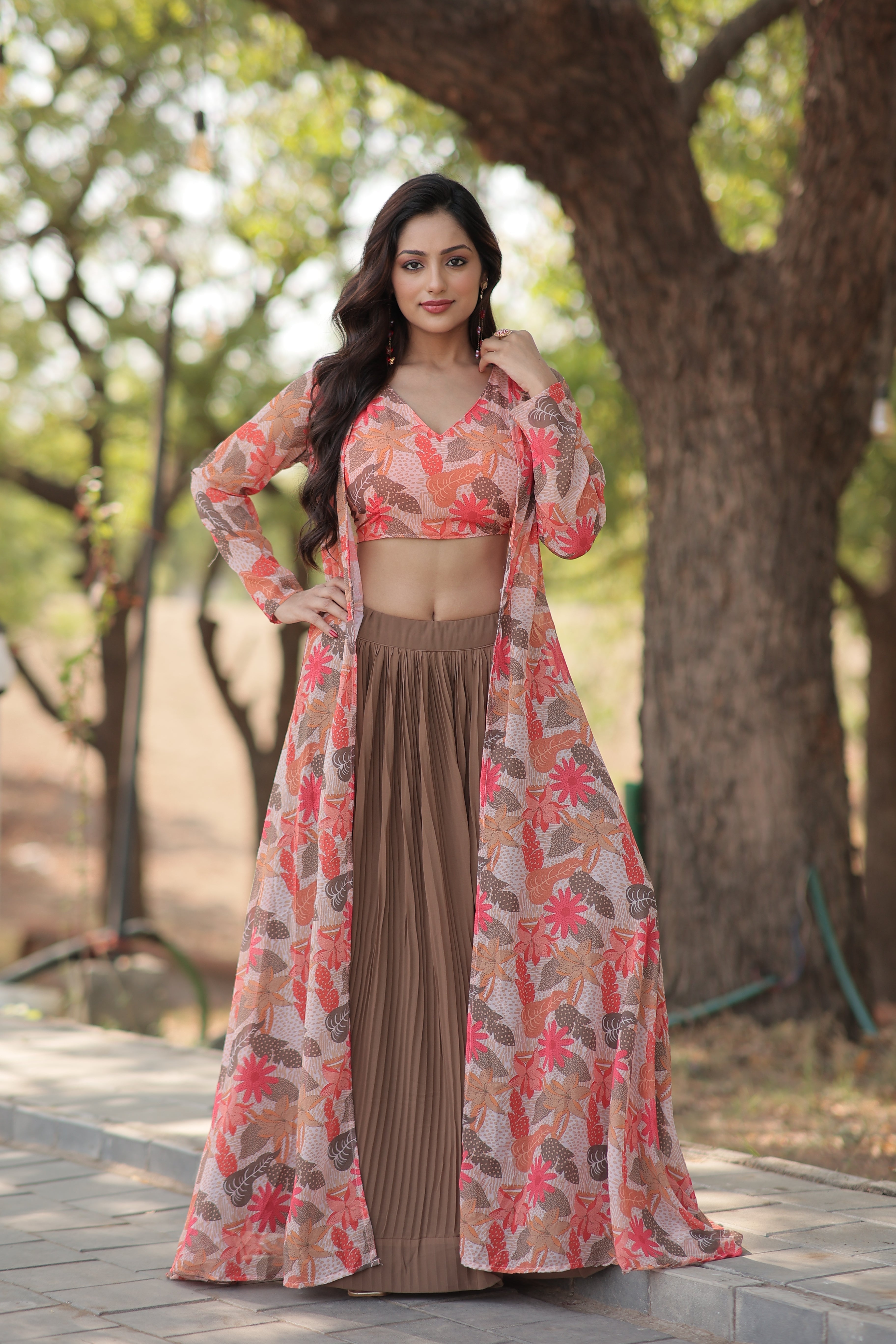 Elegant Faux Georgette Lehenga Set with Digital Floral Print & Matching Shrug | Full-Stitched Ensemble