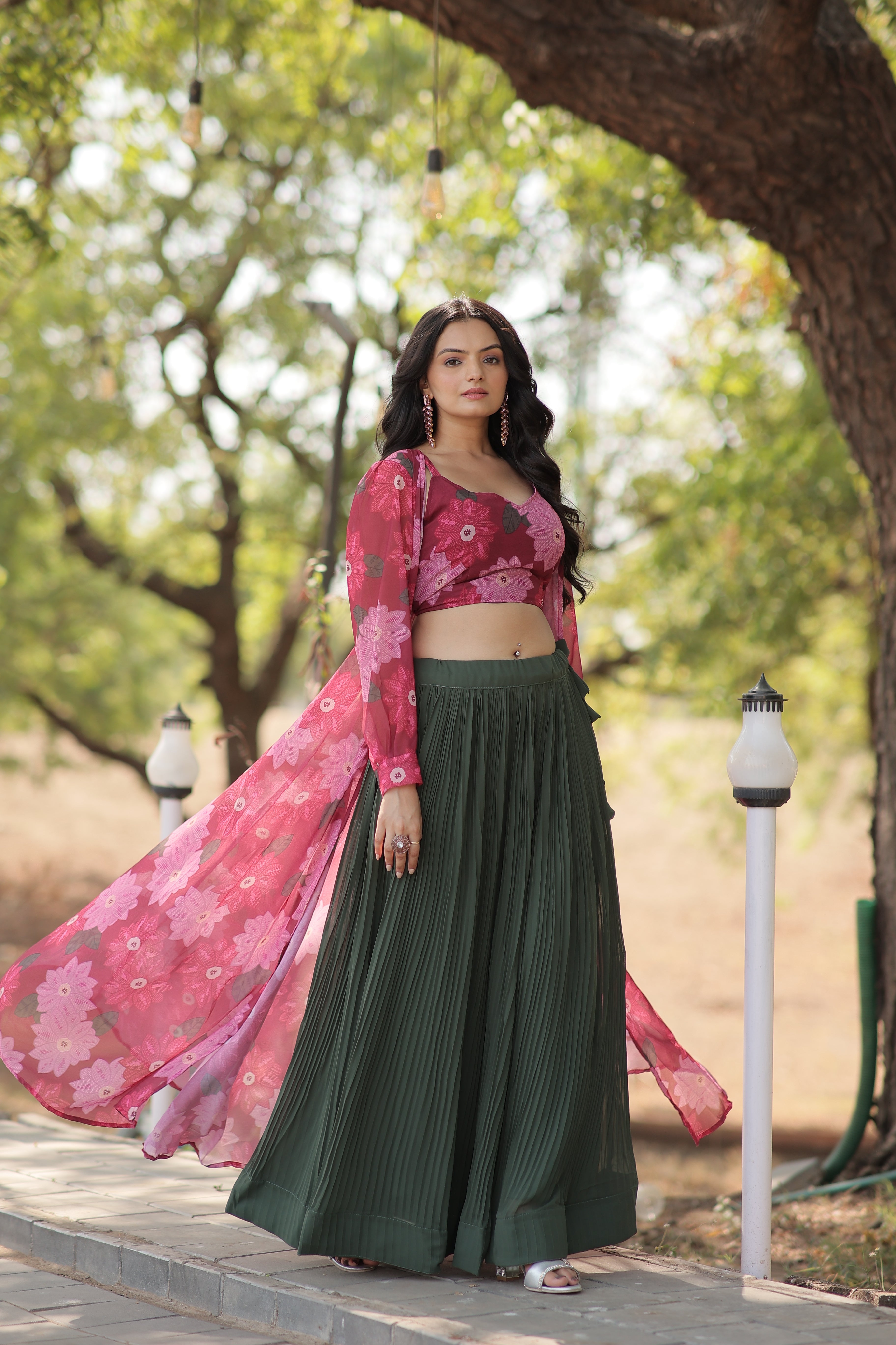 Elegant Faux Georgette Lehenga Set with Digital Floral Print & Matching Shrug | Full-Stitched Ensemble