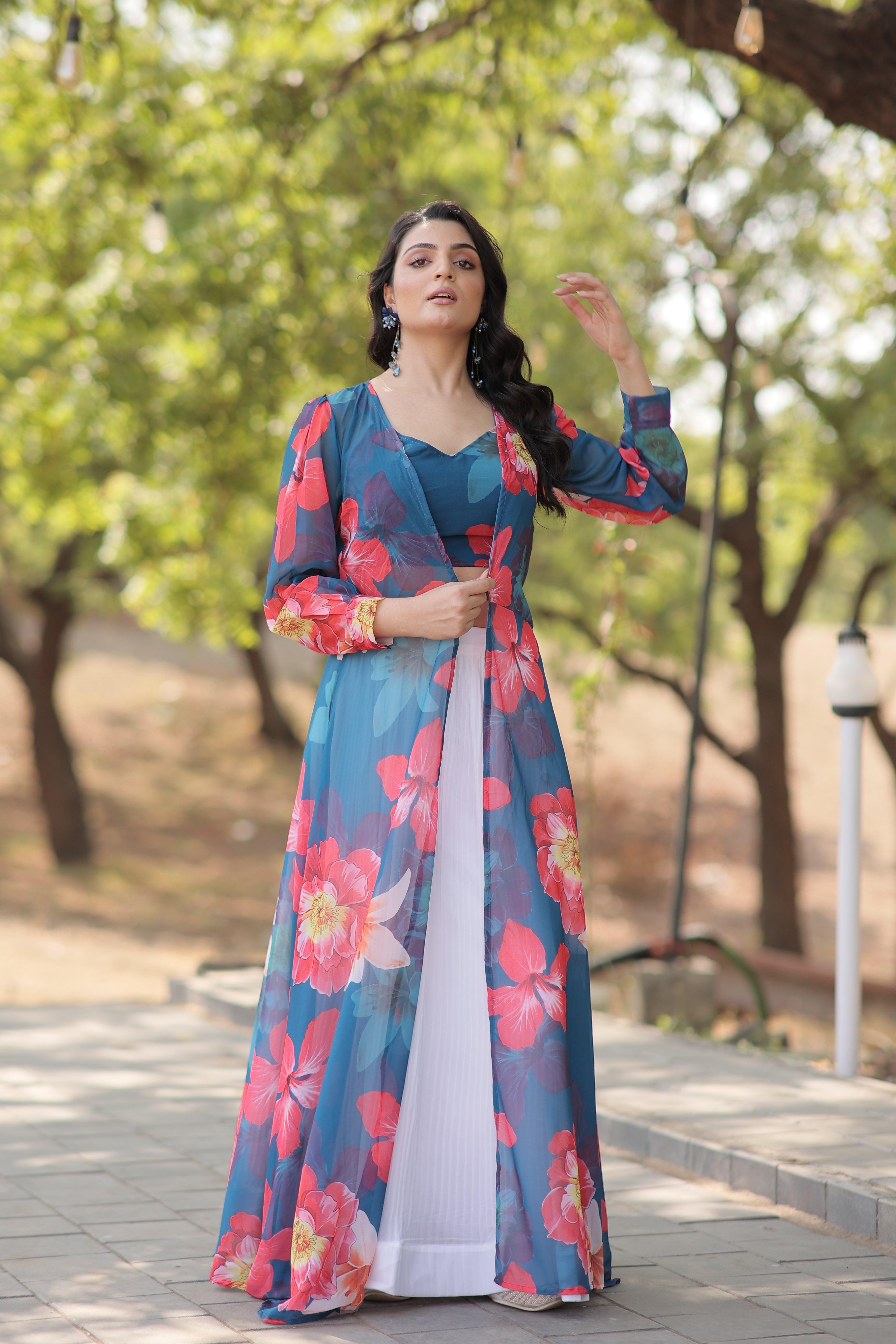 Elegant Faux Georgette Lehenga Set with Digital Floral Print & Matching Shrug | Full-Stitched Ensemble