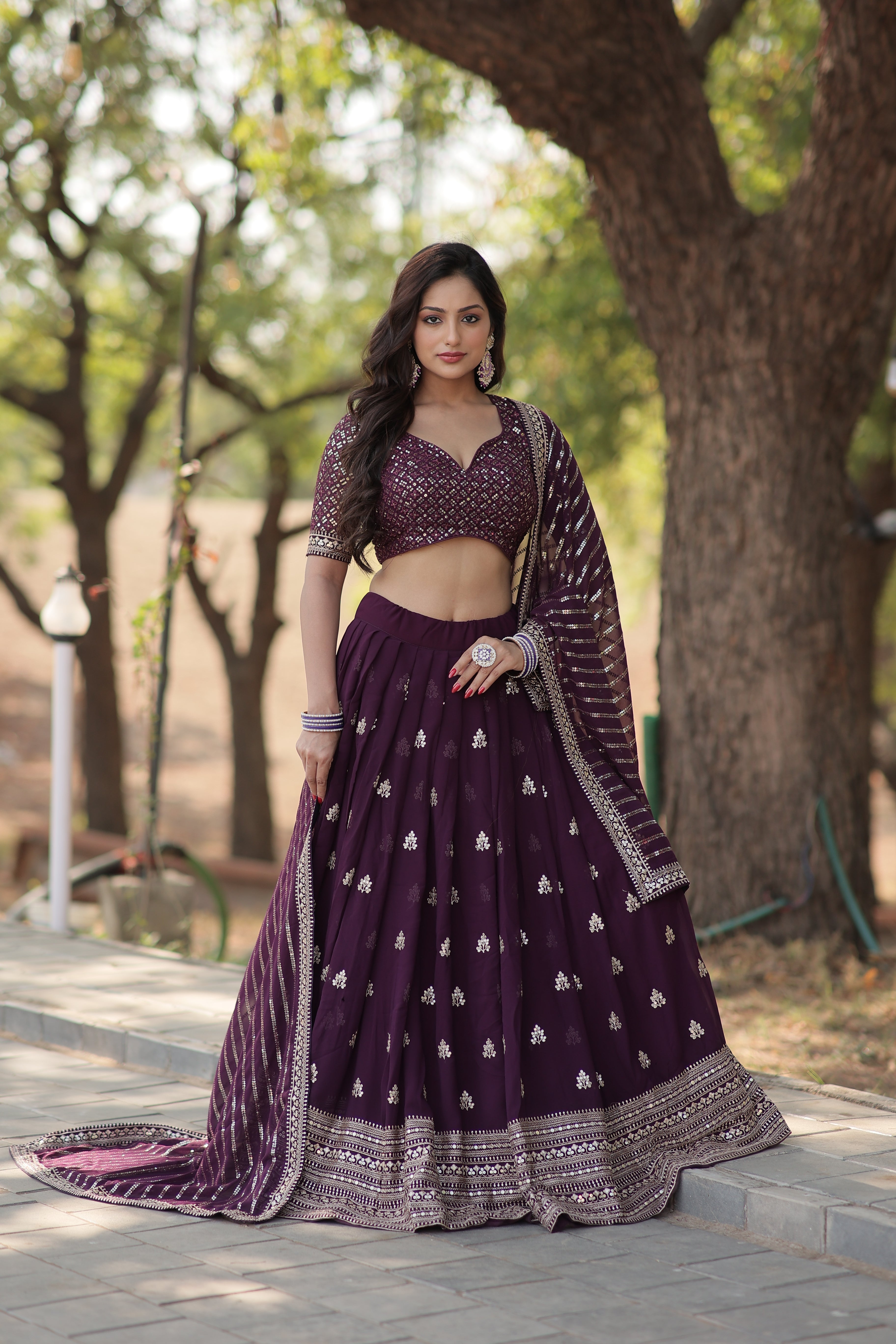 Elegant Faux Blooming Lehenga with Heavy Sequins & Thread Embroidery | Stitched Lehenga Choli