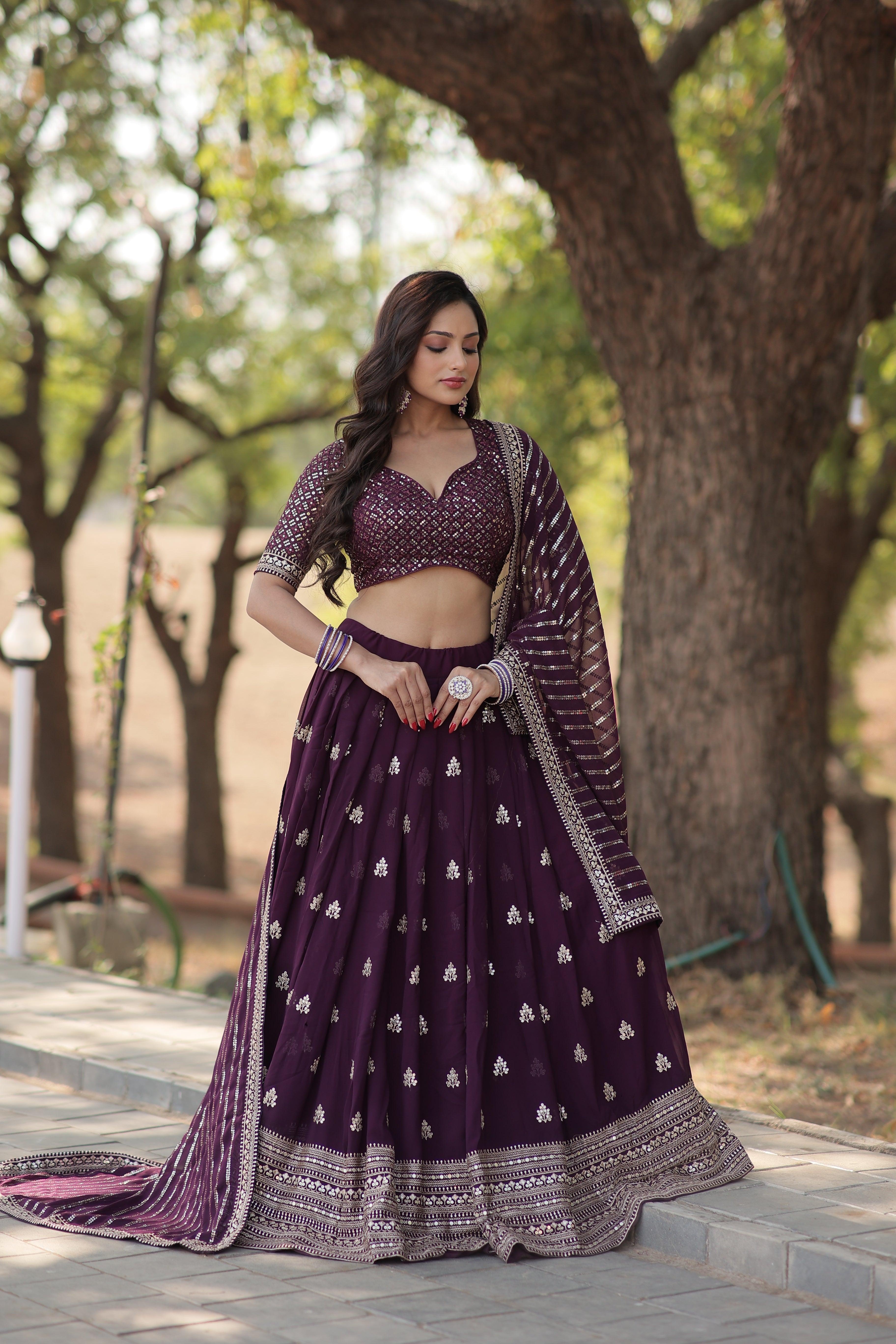 Elegant Faux Blooming Lehenga with Heavy Sequins & Thread Embroidery | Stitched Lehenga Choli