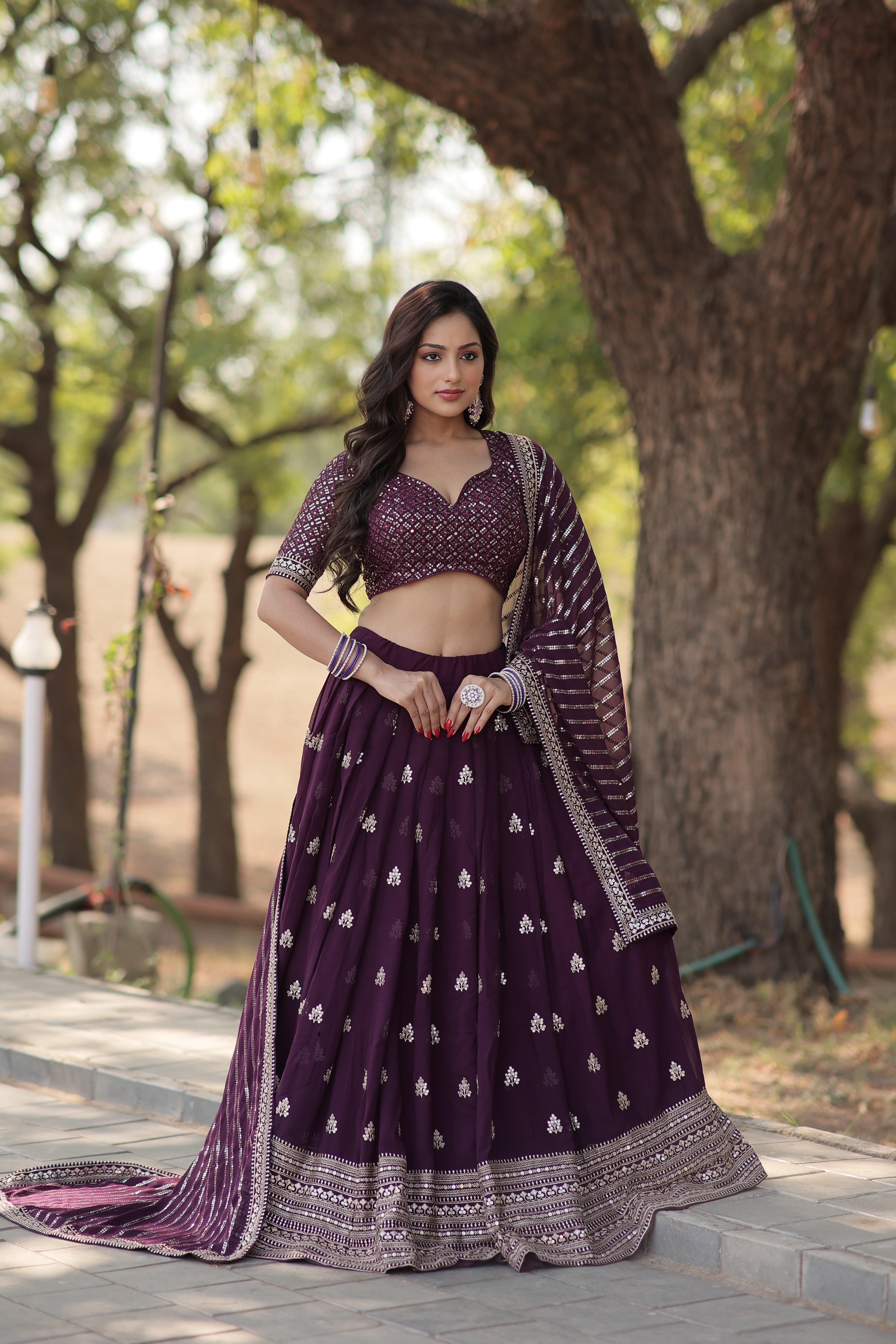 Elegant Faux Blooming Lehenga with Heavy Sequins & Thread Embroidery | Stitched Lehenga Choli