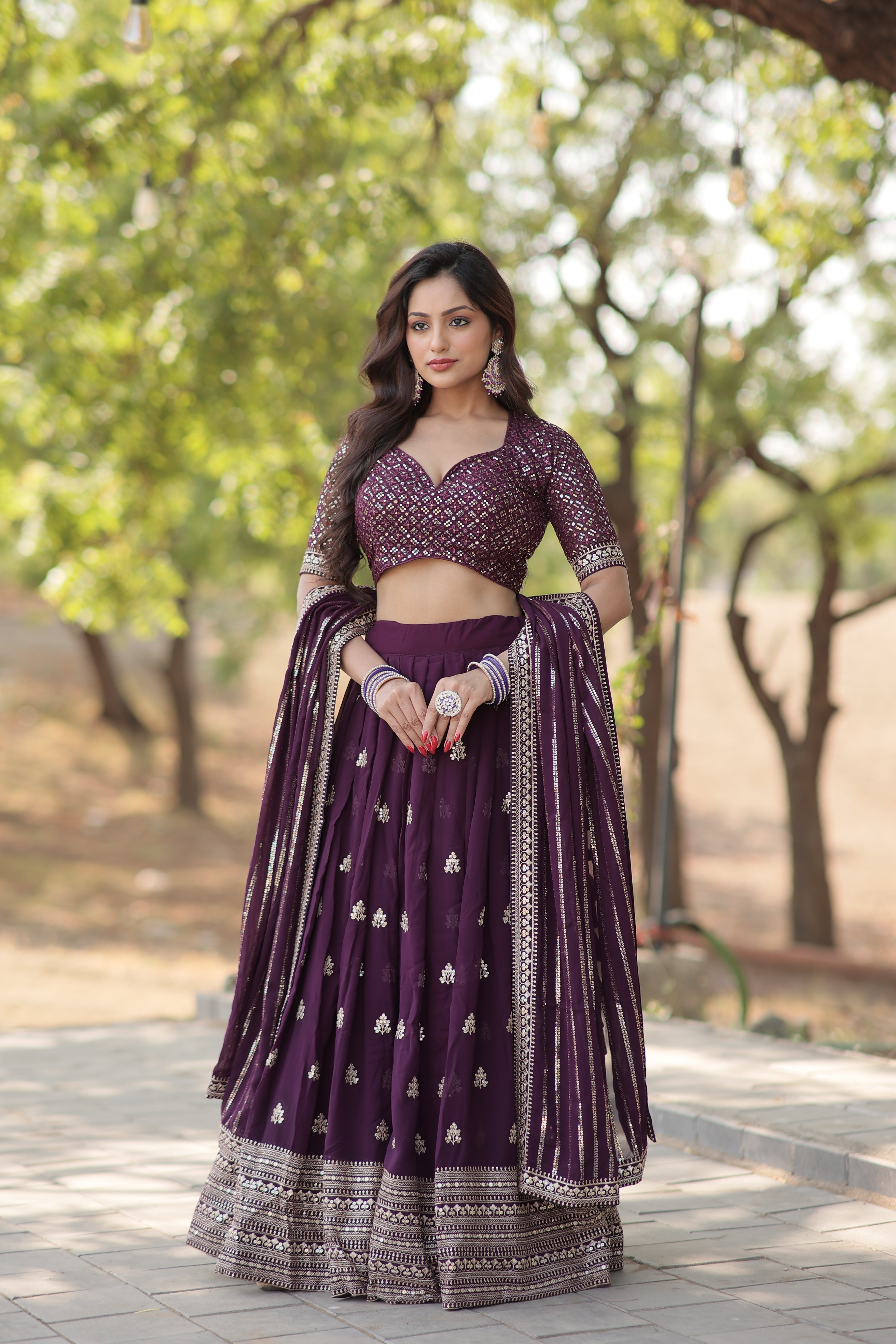 Elegant Faux Blooming Lehenga with Heavy Sequins & Thread Embroidery | Stitched Lehenga Choli