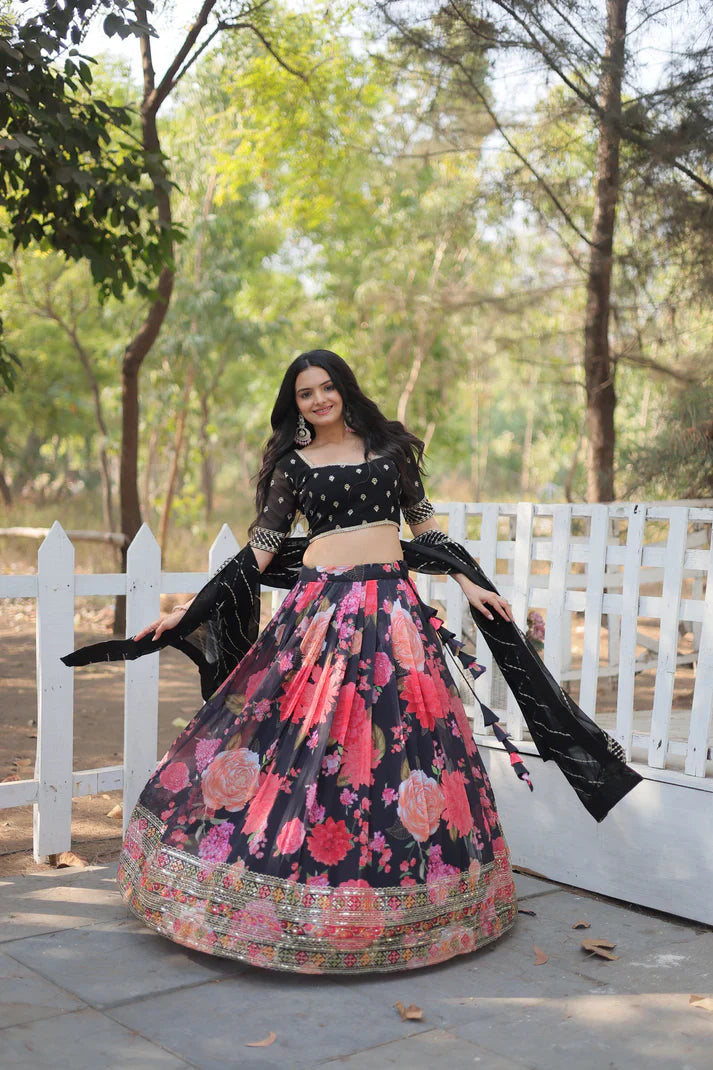 Elegant Digital Printed Faux Georgette Lehenga with Heavy Sequins & Thread Embroidery
