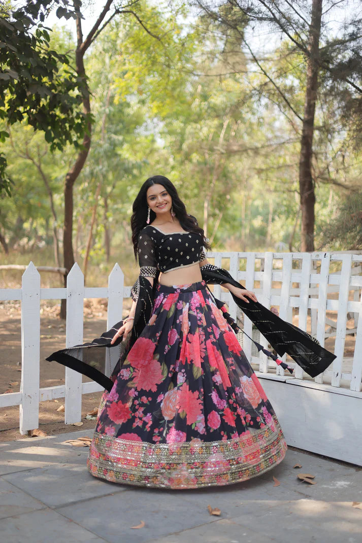 Elegant Digital Printed Faux Georgette Lehenga with Heavy Sequins & Thread Embroidery