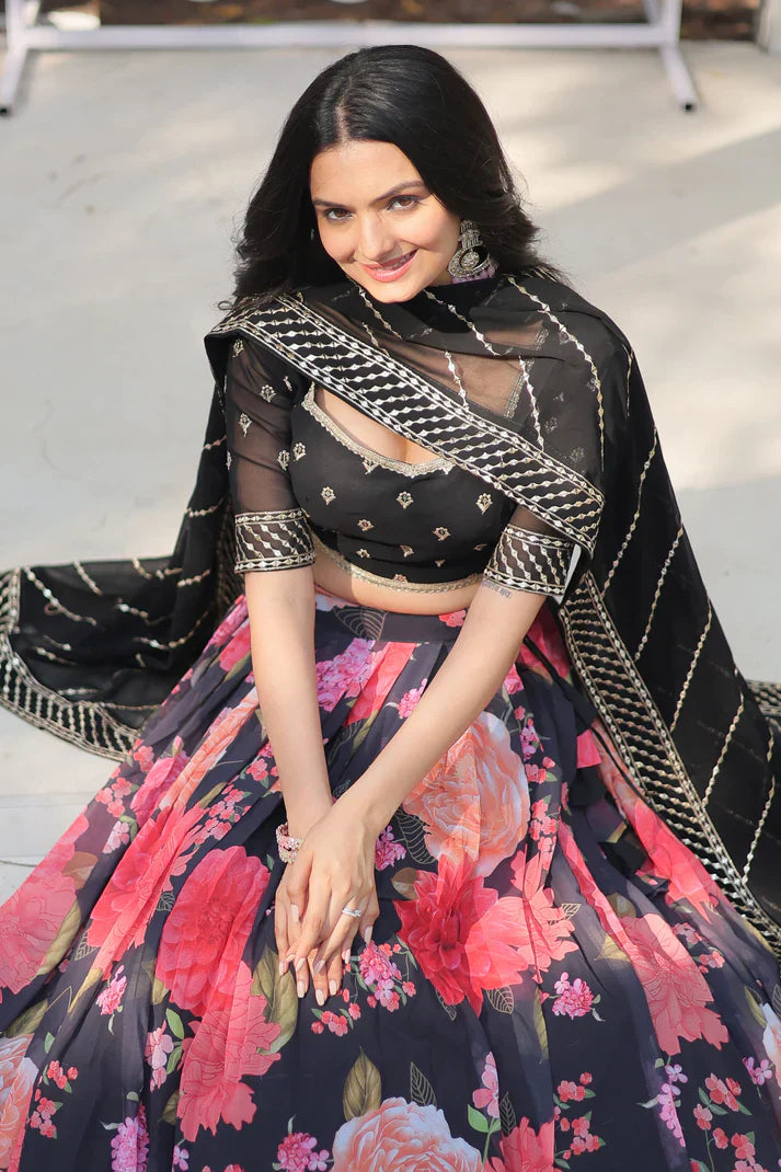 Elegant Digital Printed Faux Georgette Lehenga with Heavy Sequins & Thread Embroidery