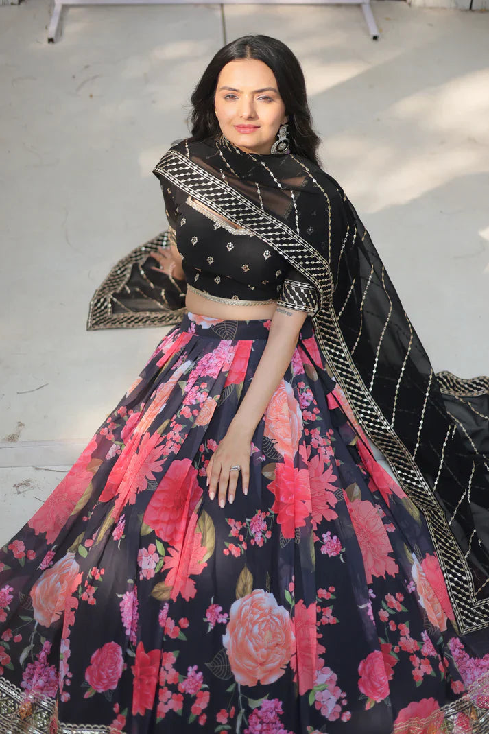 Elegant Digital Printed Faux Georgette Lehenga with Heavy Sequins & Thread Embroidery