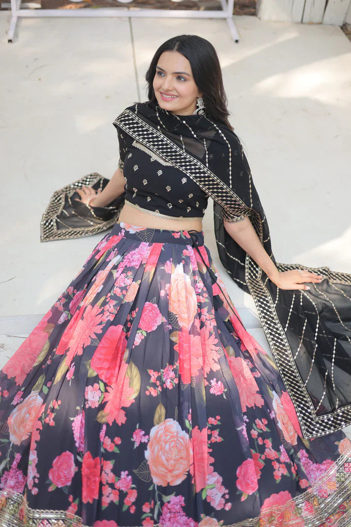 Elegant Digital Printed Faux Georgette Lehenga with Heavy Sequins & Thread Embroidery