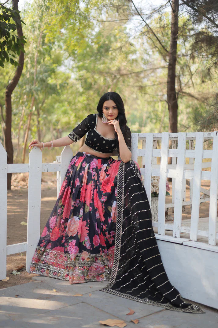 Elegant Digital Printed Faux Georgette Lehenga with Heavy Sequins & Thread Embroidery