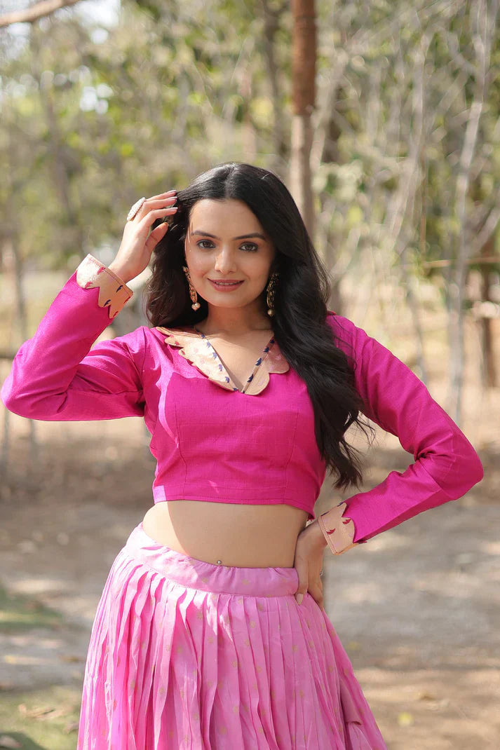 Pure Dyable Viscose Jacquard Lehenga with Kalamkari Jari Border and Phantom Blouse – Full-Stitched Set