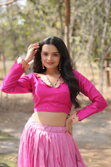 Pure Dyable Viscose Jacquard Lehenga with Kalamkari Jari Border and Phantom Blouse – Full-Stitched Set