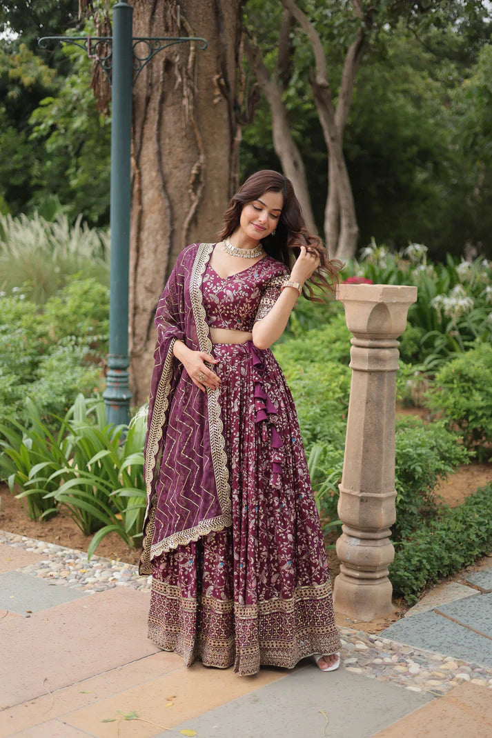 Full-Stitched Dyable Viscose Jacquard Lehenga with Golden Sequins Embroidery