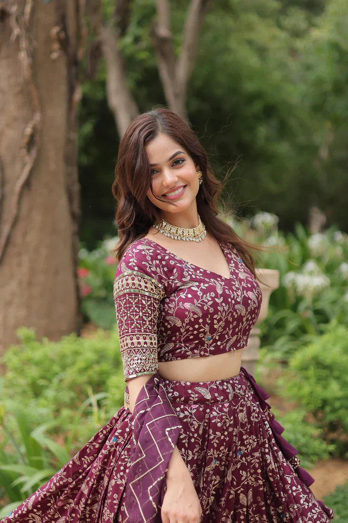 Full-Stitched Dyable Viscose Jacquard Lehenga with Golden Sequins Embroidery