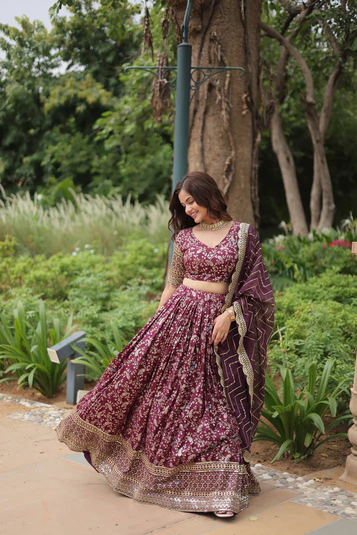 Full-Stitched Dyable Viscose Jacquard Lehenga with Golden Sequins Embroidery