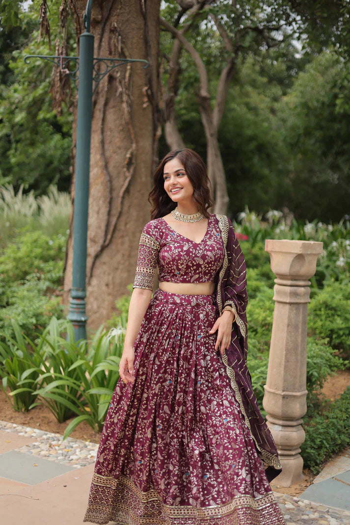 Full-Stitched Dyable Viscose Jacquard Lehenga with Golden Sequins Embroidery