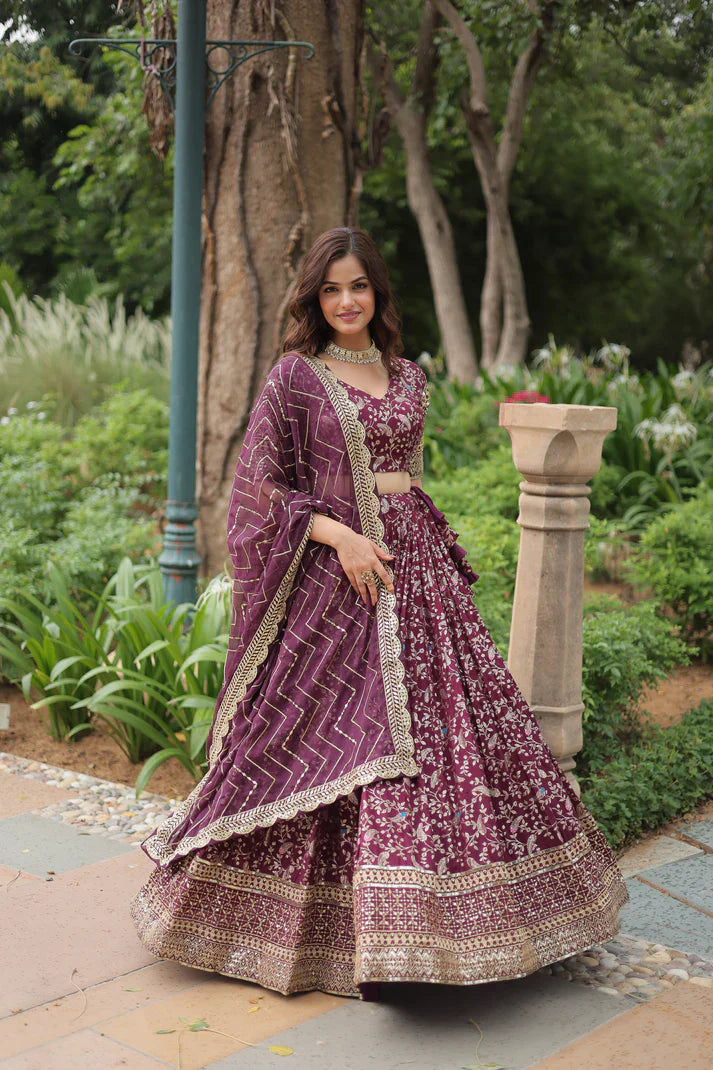 Full-Stitched Dyable Viscose Jacquard Lehenga with Golden Sequins Embroidery